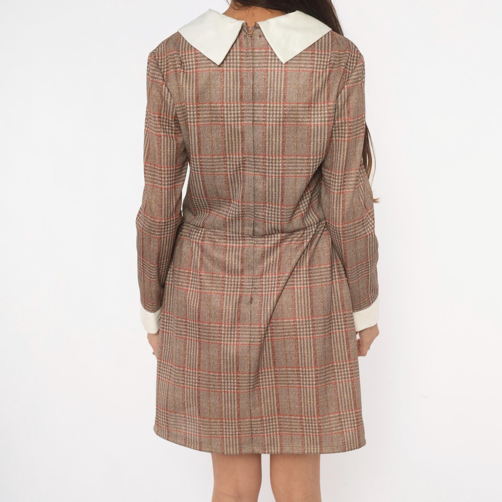 70s Glen Plaid Mini Dress Tan Rust Brown Pointed Collar Long Sleeve Medium M