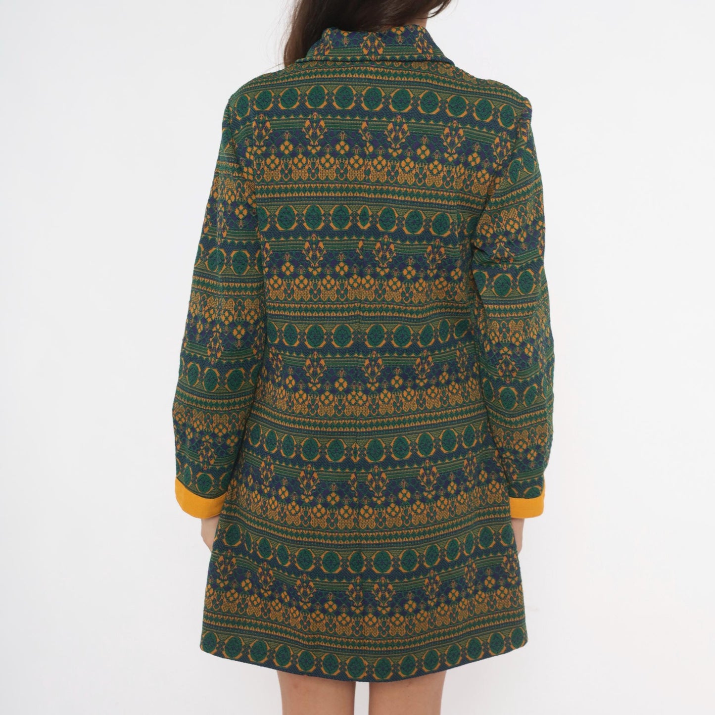 70s NPC Fashions Tapestry Mini Dress Forest Green Gold Jacquard Zip Collar Large L
