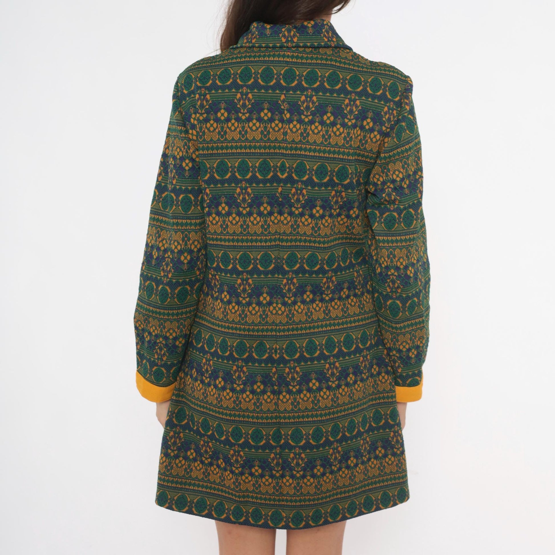70s NPC Fashions Tapestry Mini Dress Forest Green Gold Jacquard Zip Collar Large L