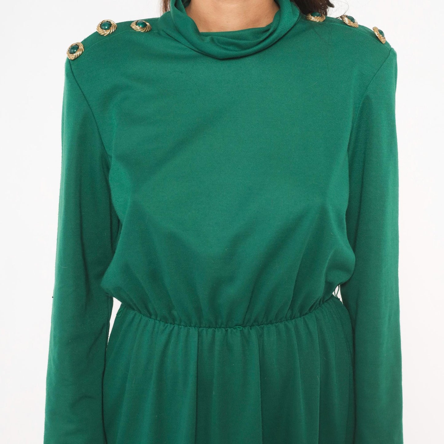 80s Impromptu Emerald Cowl Neck Midi Dress Gold Button Long Sleeve Large L