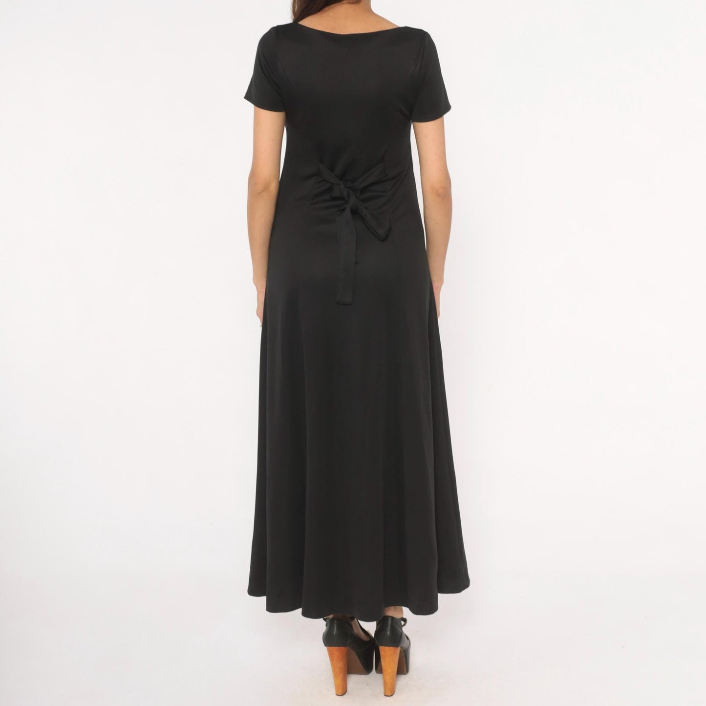 90s Black Maxi Dress V Neck Short Sleeve A Line Formal Gown Small S