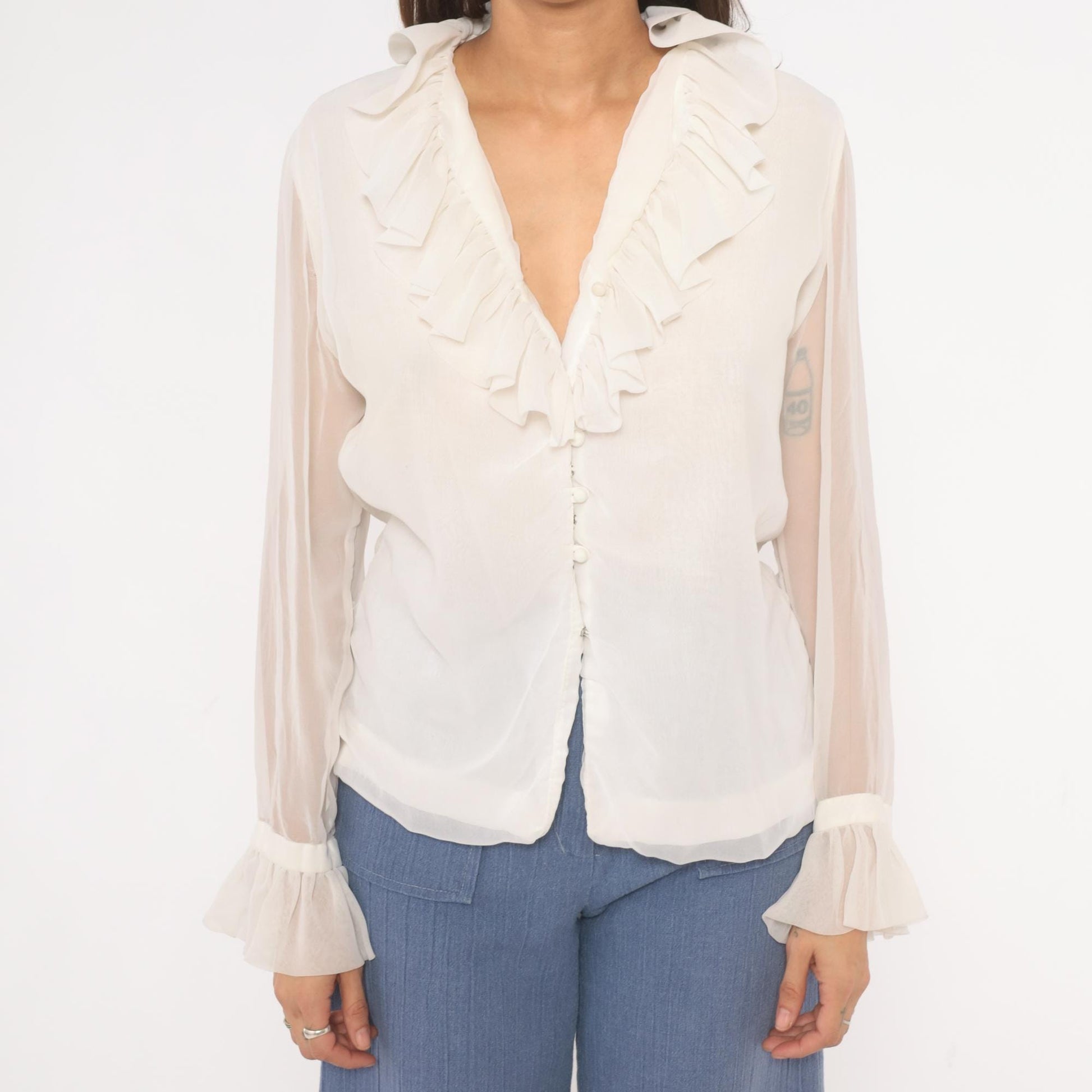 70s Gregory Ruffle Collar Blouse Ivory V-Neck Button Front Sheer Sleeve Medium