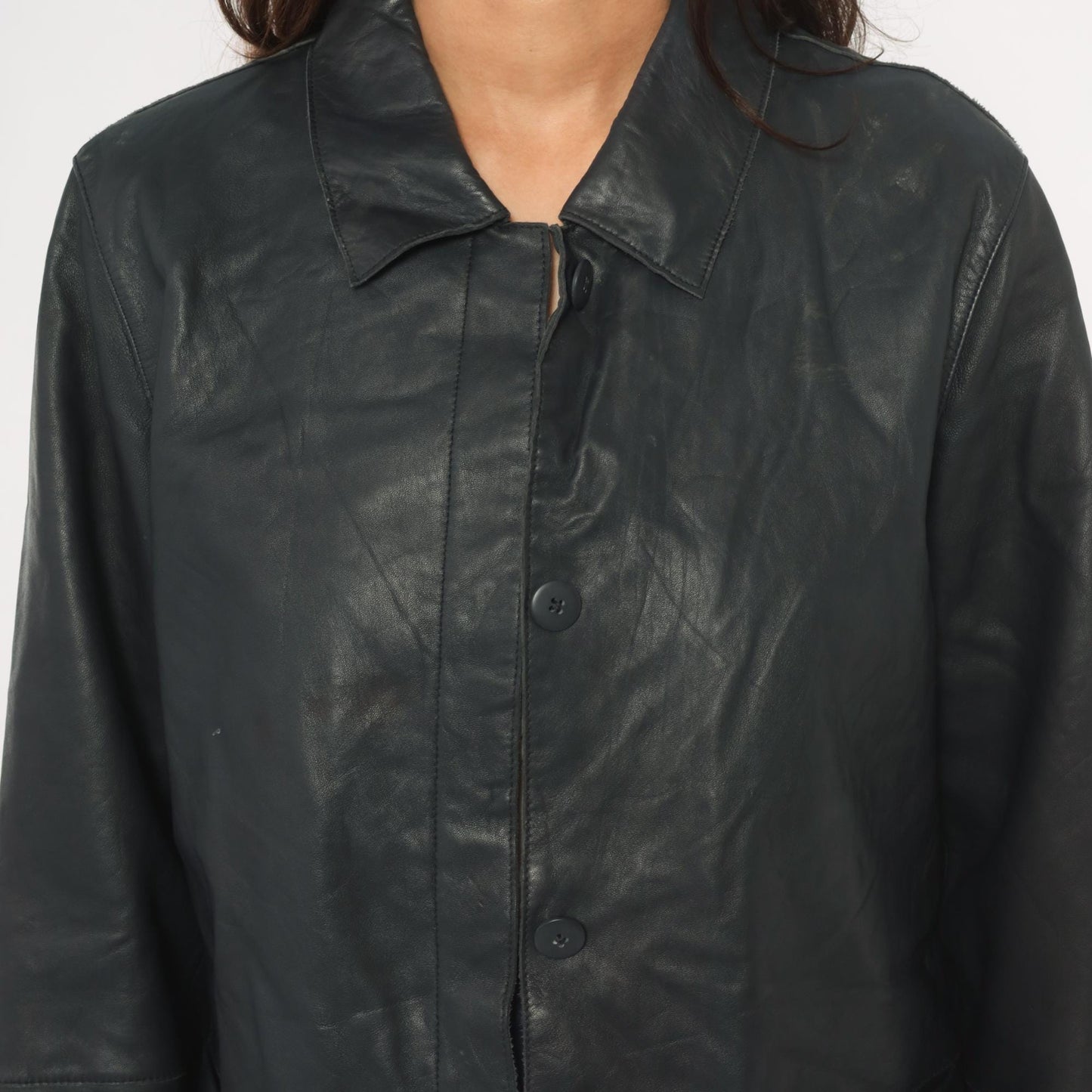 90s Katherine Kelly Black Lambskin Leather Jacket Button Front Large L