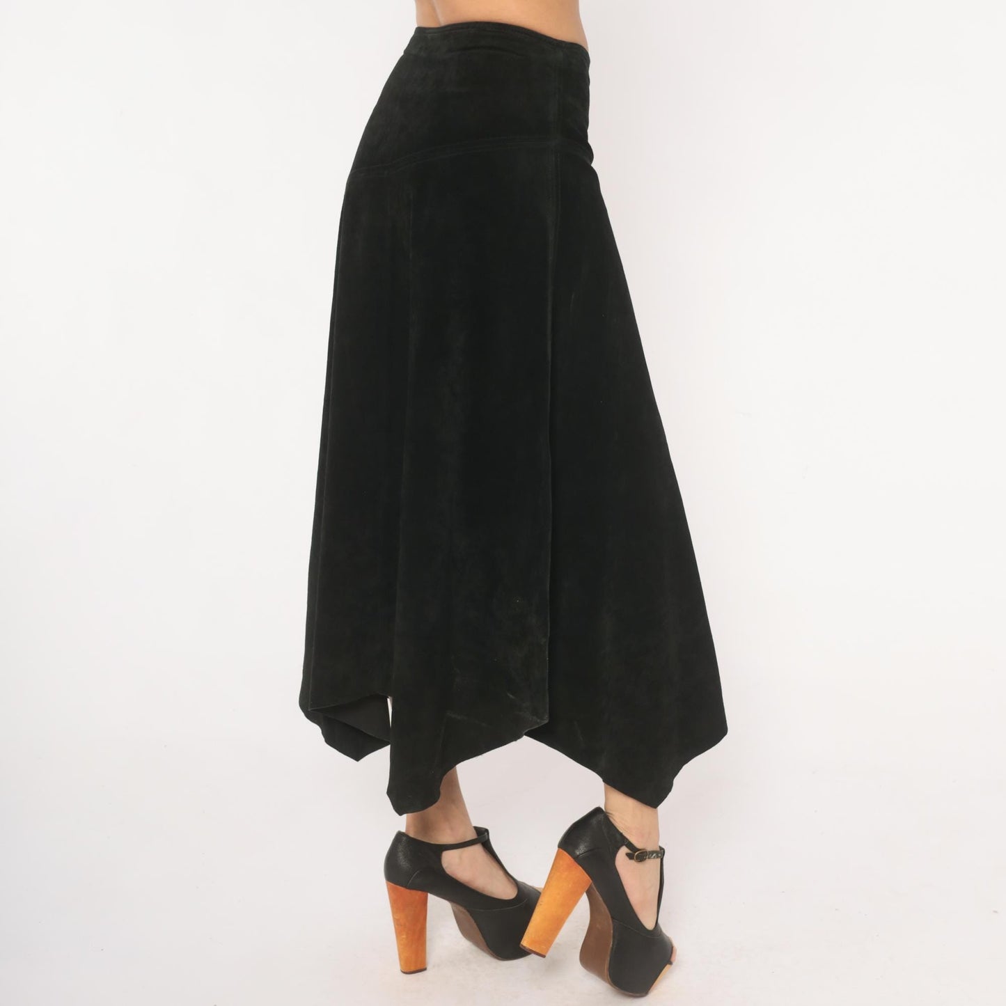 90s Provence Black Suede Midi Skirt Asymmetrical Handkerchief Hem High Waist Small
