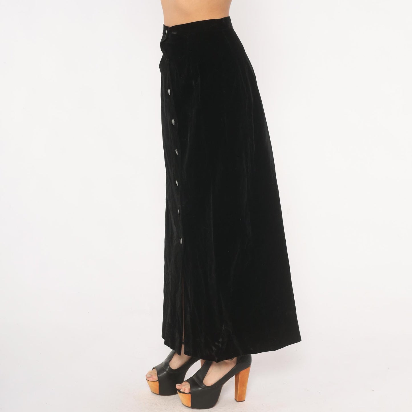 90s Black Velvet Maxi Skirt Button Front A-Line High Waist Small S
