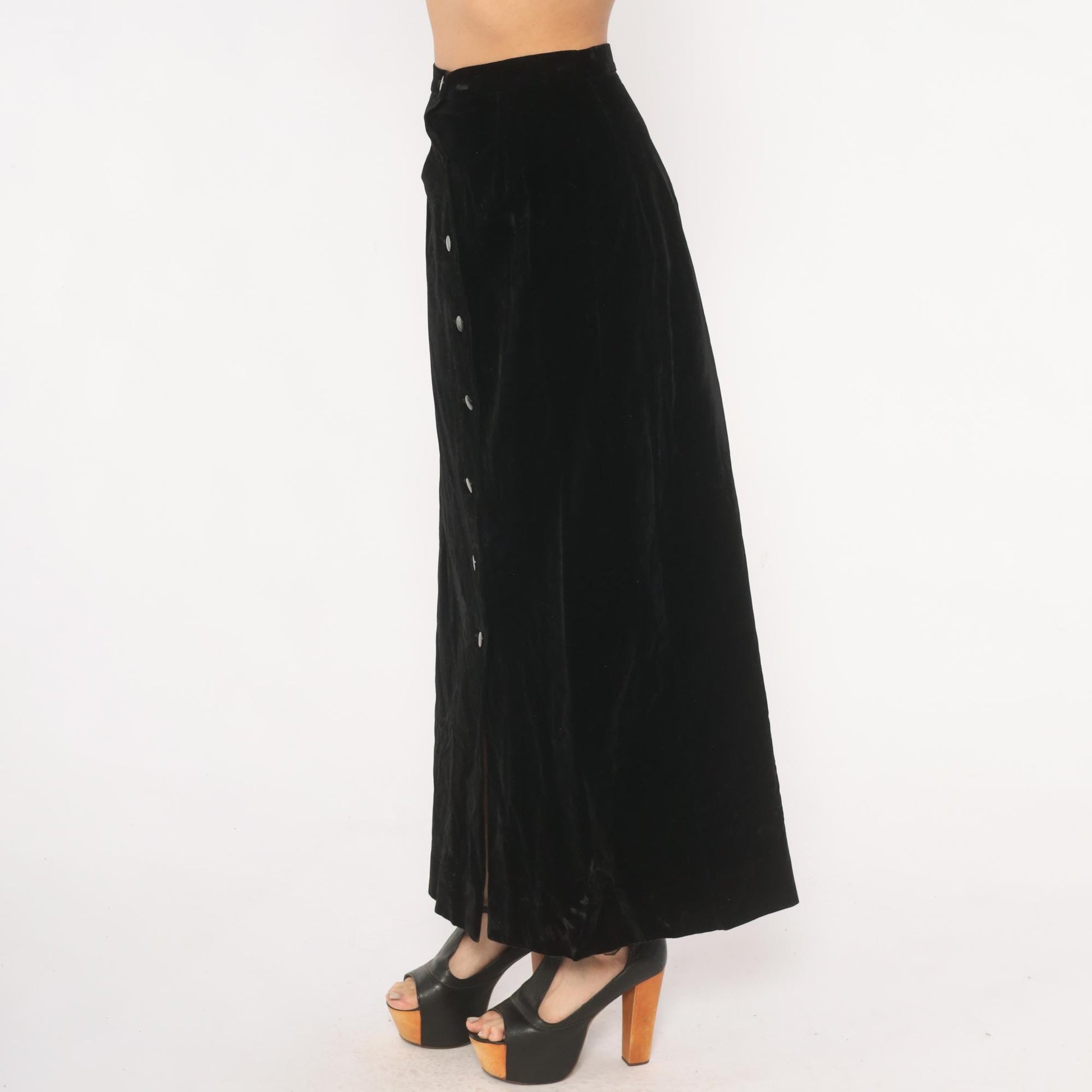 90s Black Velvet Maxi Skirt Button Front A-Line High Waist Small S