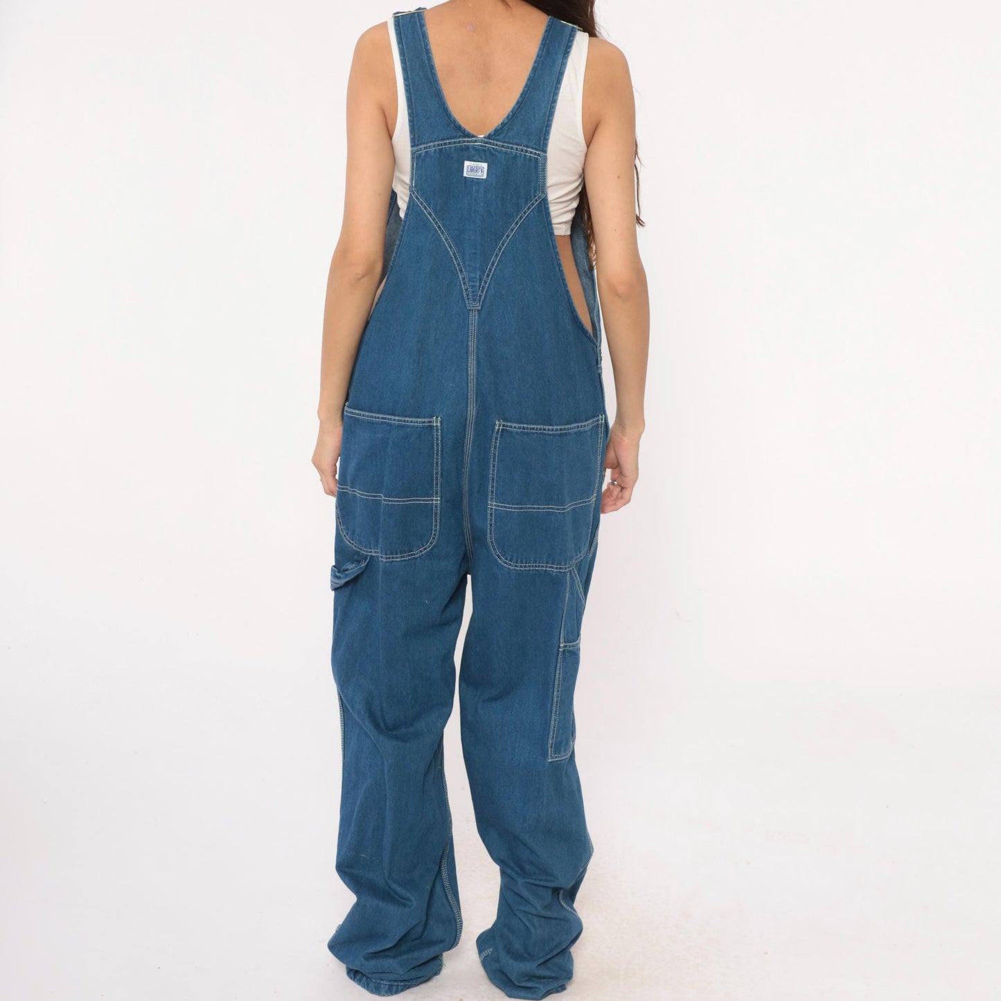 Y2K Liberty Medium Blue Denim Overalls Green Trim Zippered Bib Extra Large