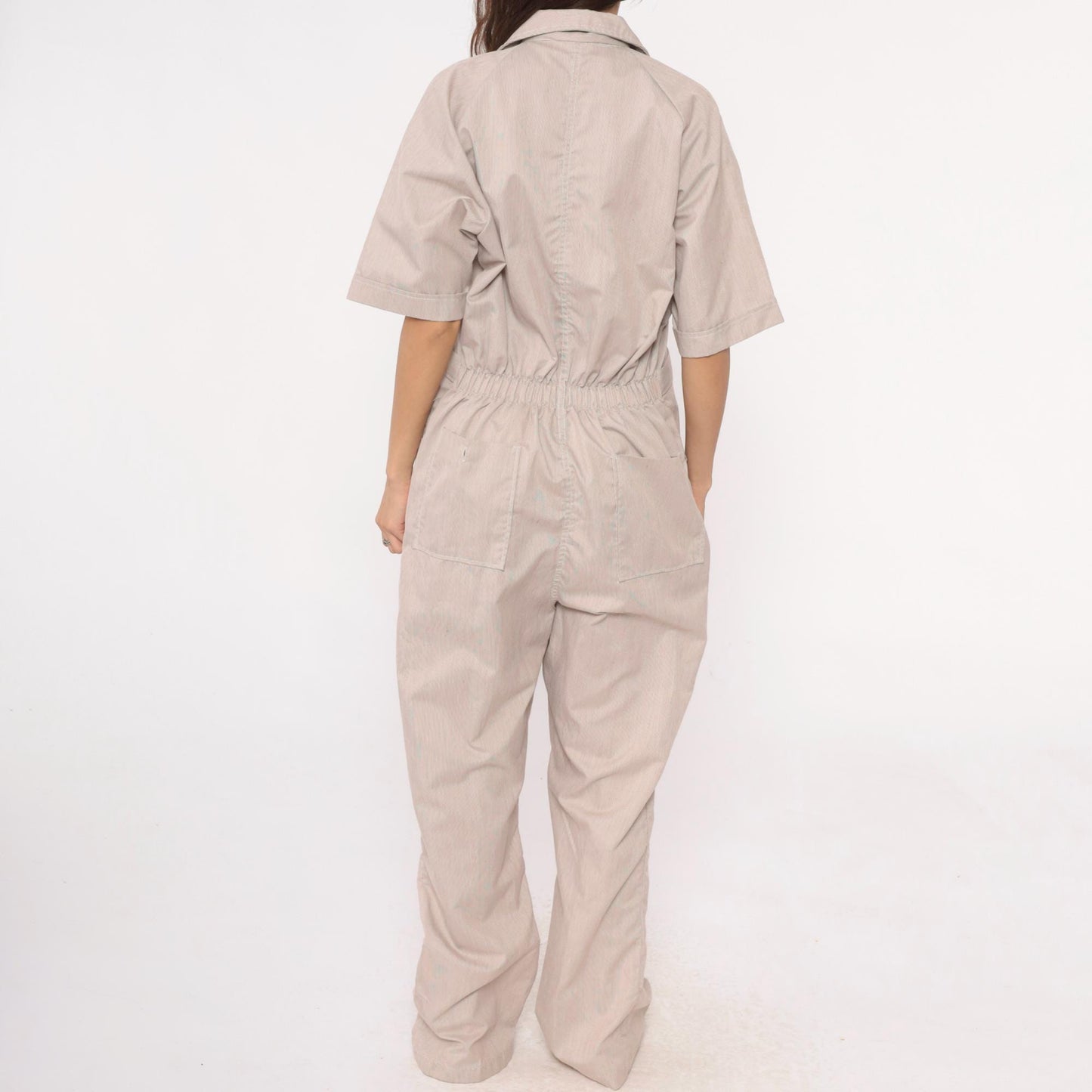 80s Beige Jumpsuit Belted Collared Utility Workwear Coveralls Medium
