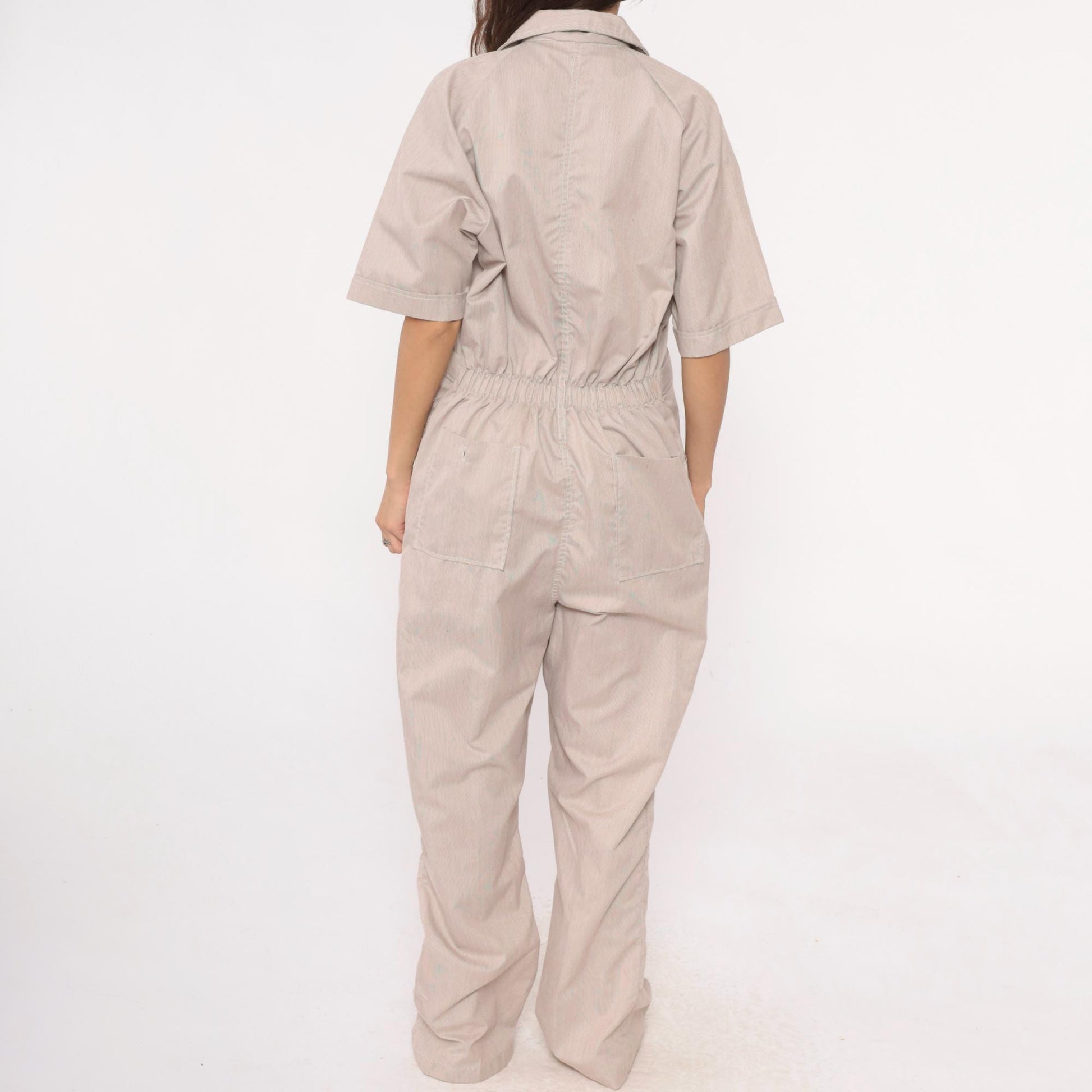 80s Beige Jumpsuit Belted Collared Utility Workwear Coveralls Medium