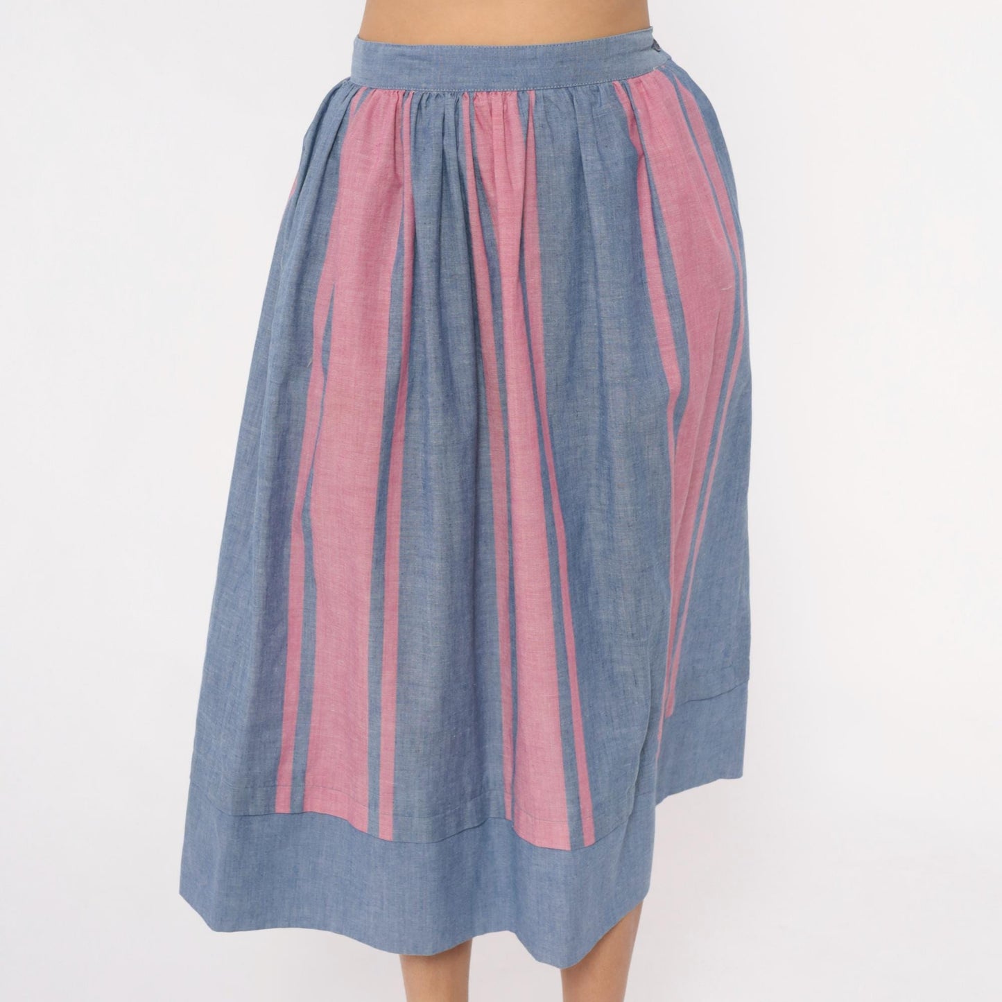 80s Blue Pink Striped Midi Skirt High Waist Gathered Full Skirt Small S