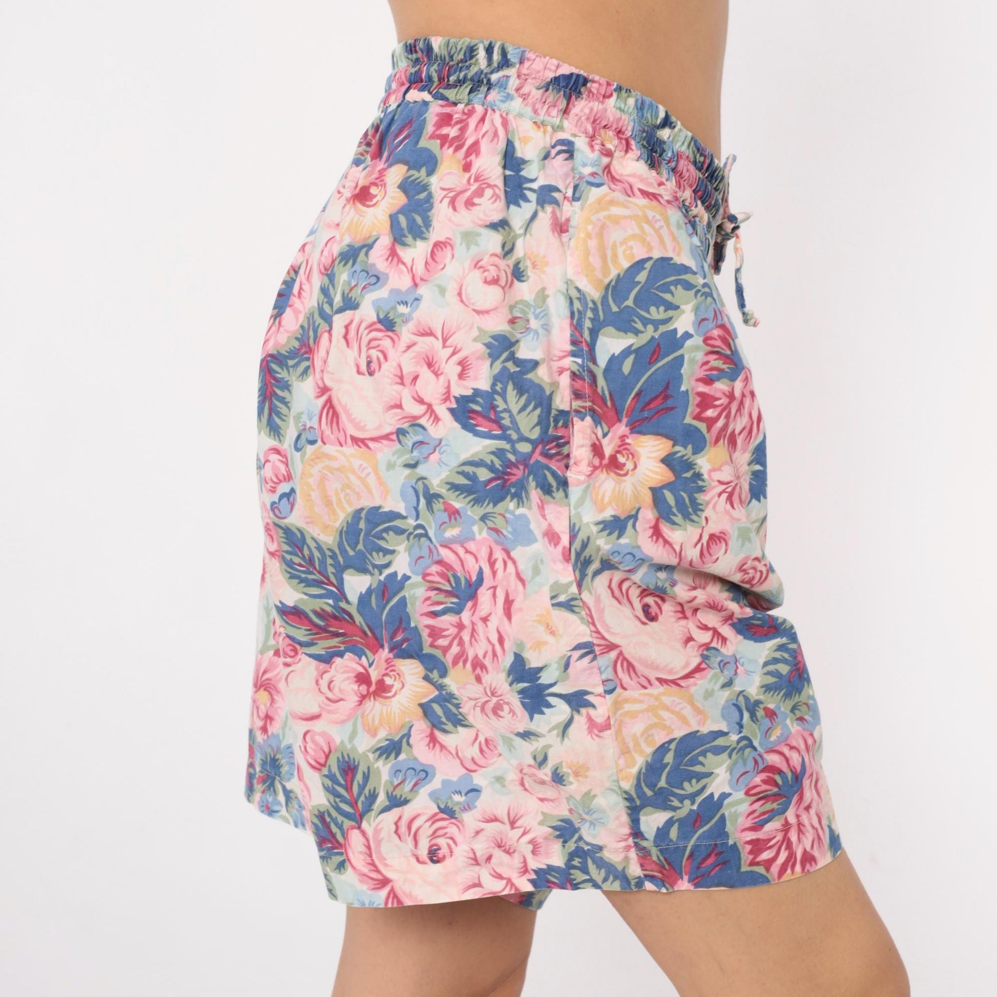 90s Kikimi Sketches Floral Shorts High Waist Wide Leg Cream Cotton Medium M