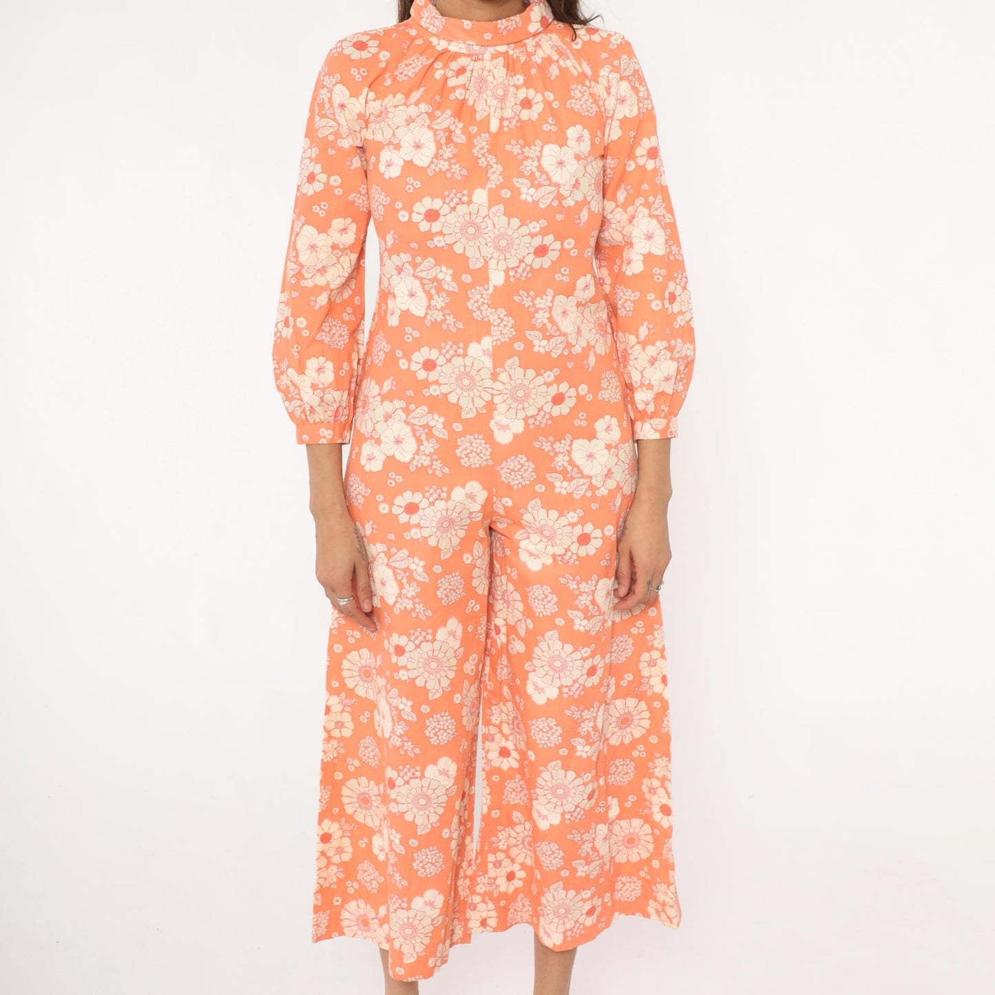 70s Orange Floral Jumpsuit Mock Neck Wide Leg Cream White Cotton Small