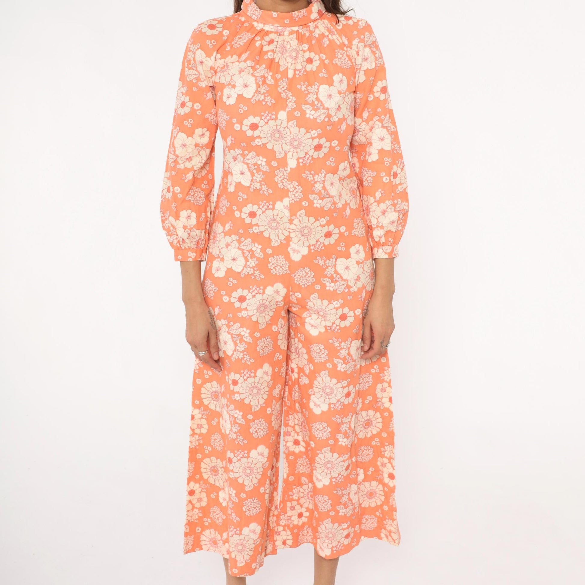 70s Orange Floral Jumpsuit Mock Neck Wide Leg Cream White Cotton Small