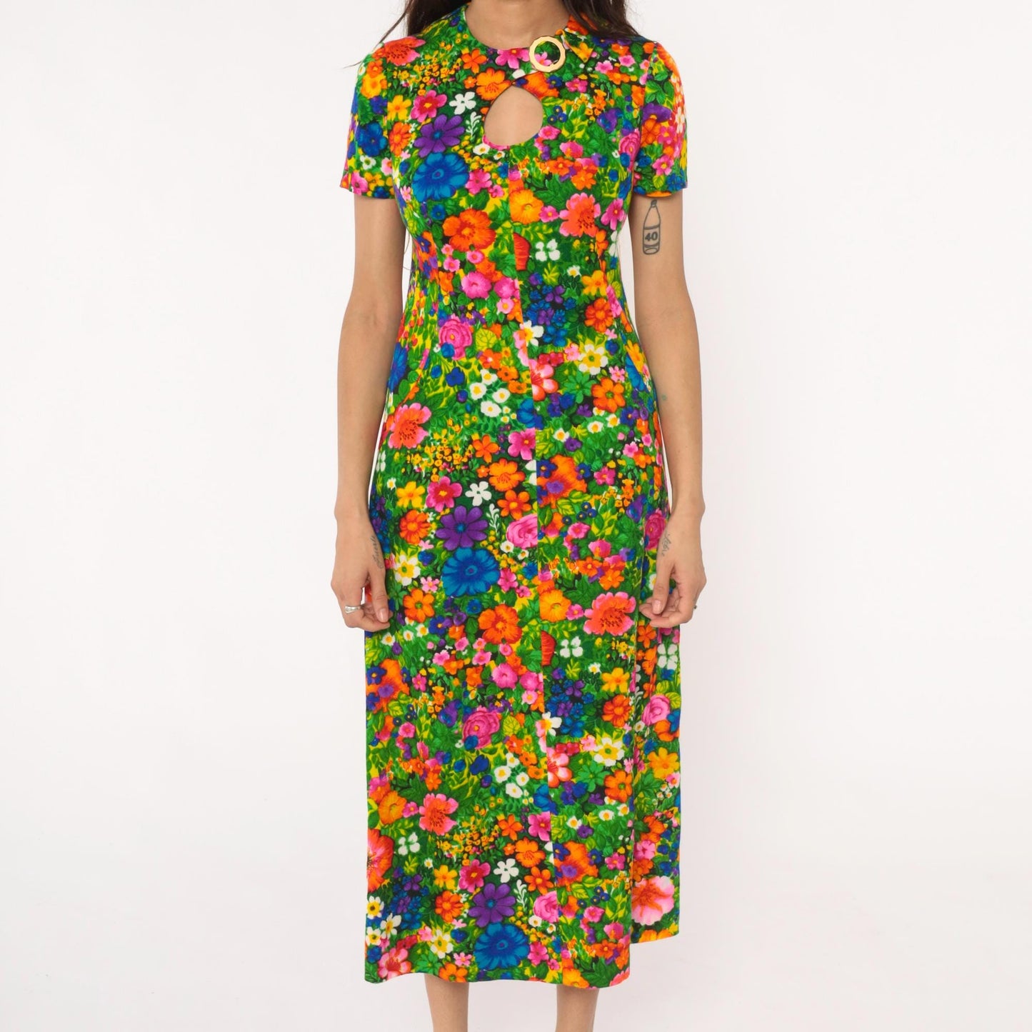 70s Floral Maxi Dress Keyhole Neckline Short Sleeve Cotton Rainbow Small