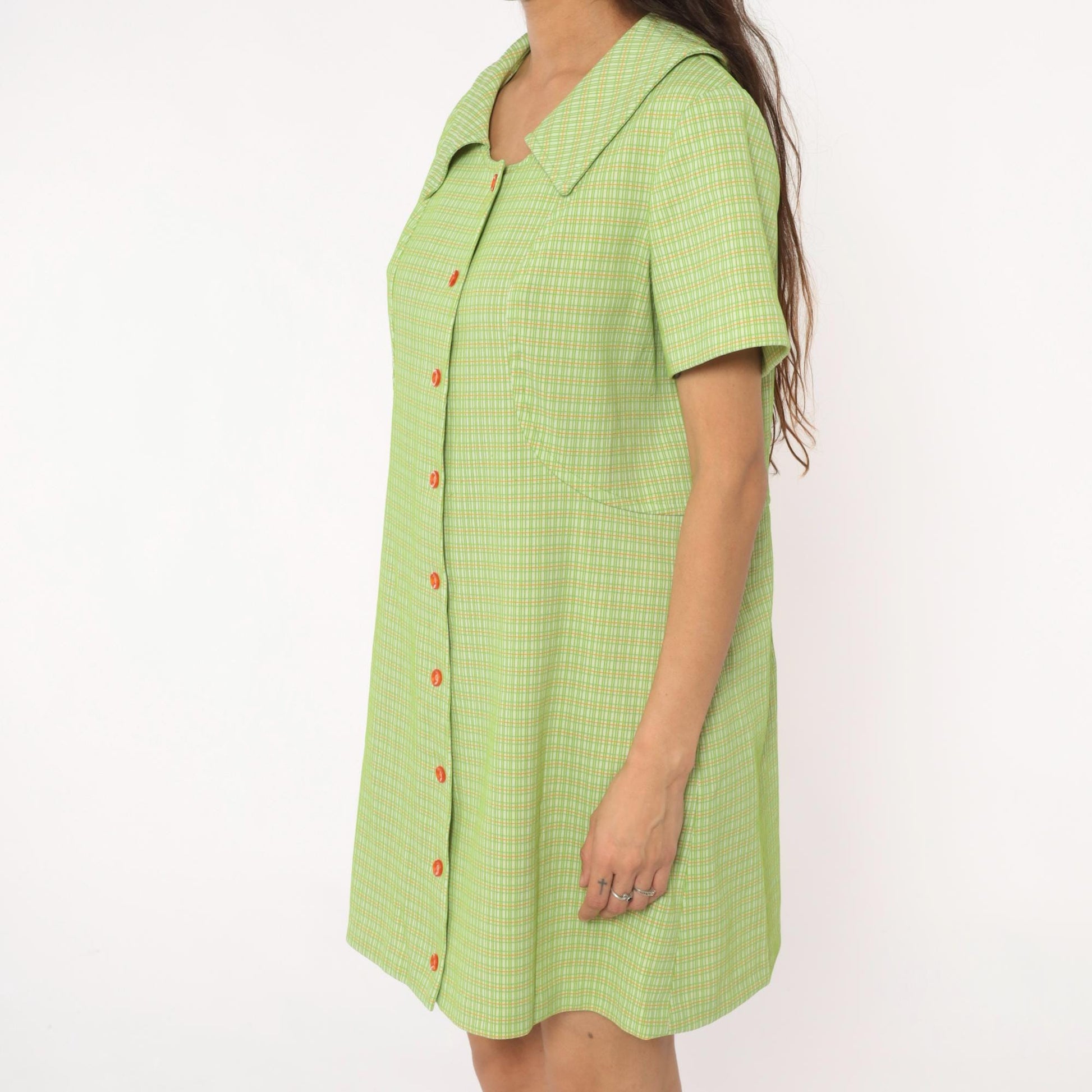 70s Green Yellow Checkered Mini Shift Dress Pointed Collar Short Sleeve Large L