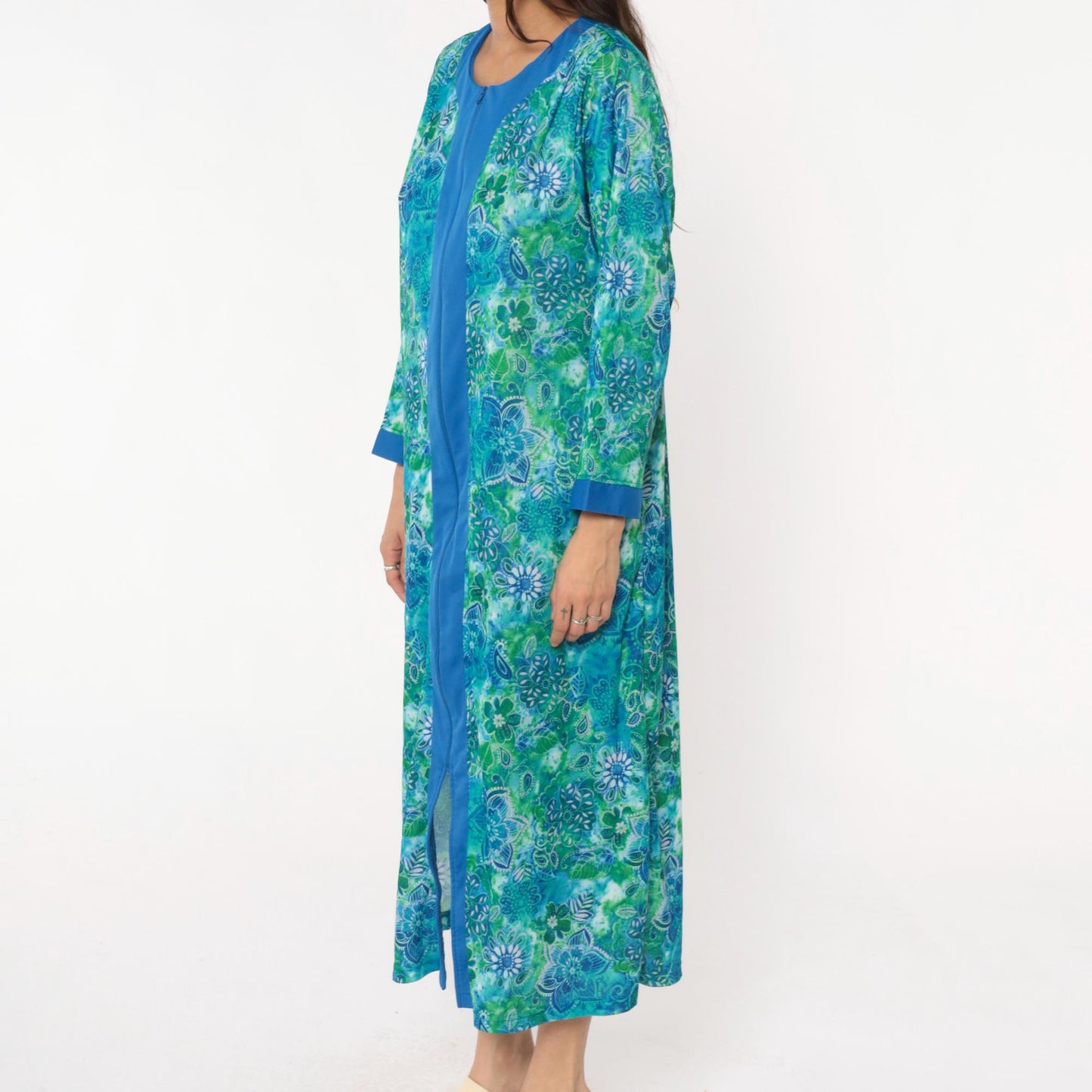 90s Botanical Print Maxi Robe Blue Green Zip Front Long Sleeve Medium M