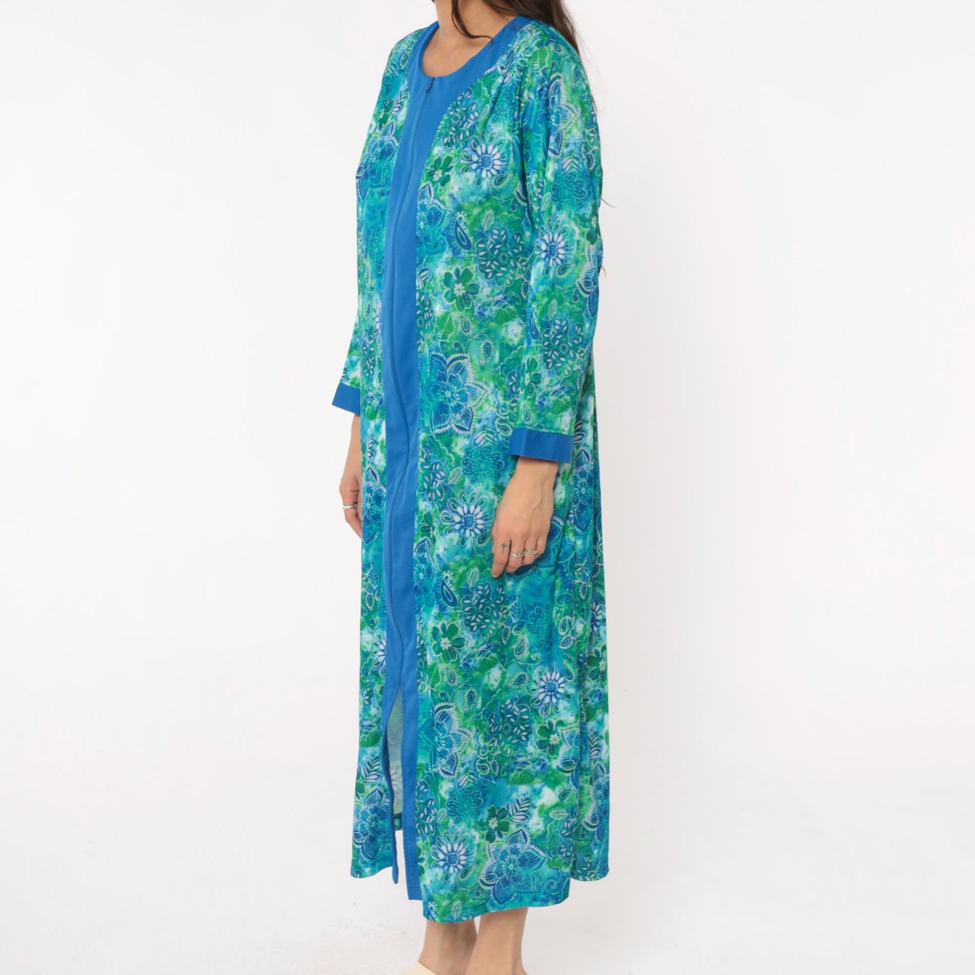 90s Botanical Print Maxi Robe Blue Green Zip Front Long Sleeve Medium M