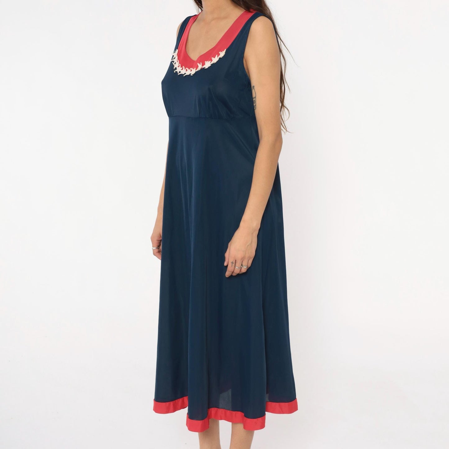 70s Navy Maxi Dress Stars Embroidered Red Trim Empire Waist Medium