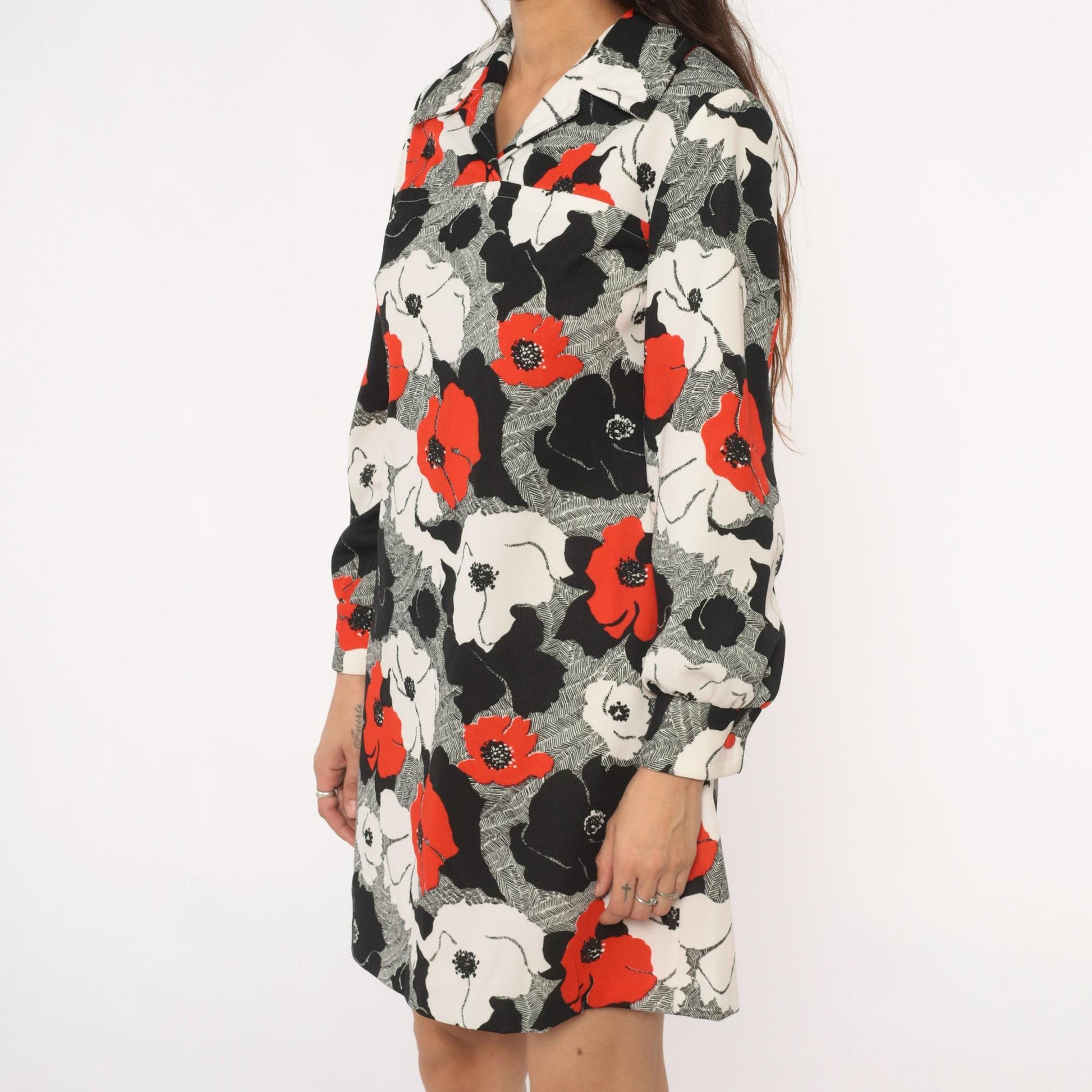70s Floral Shift Dress Red Black White Poppy Print Collared Long Sleeve Large L