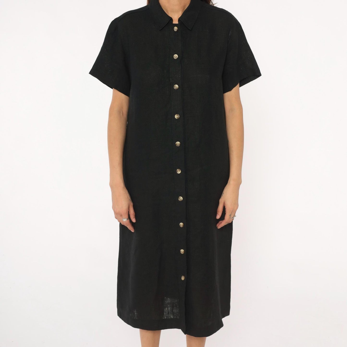 90s Harve Benard Black Linen Midi Shirt Dress Button Front Collar Large L