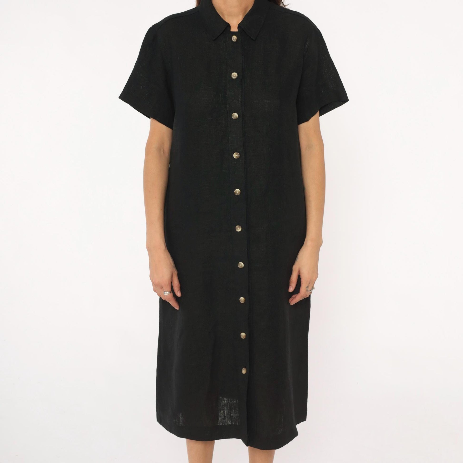 90s Harve Benard Black Linen Midi Shirt Dress Button Front Collar Large L