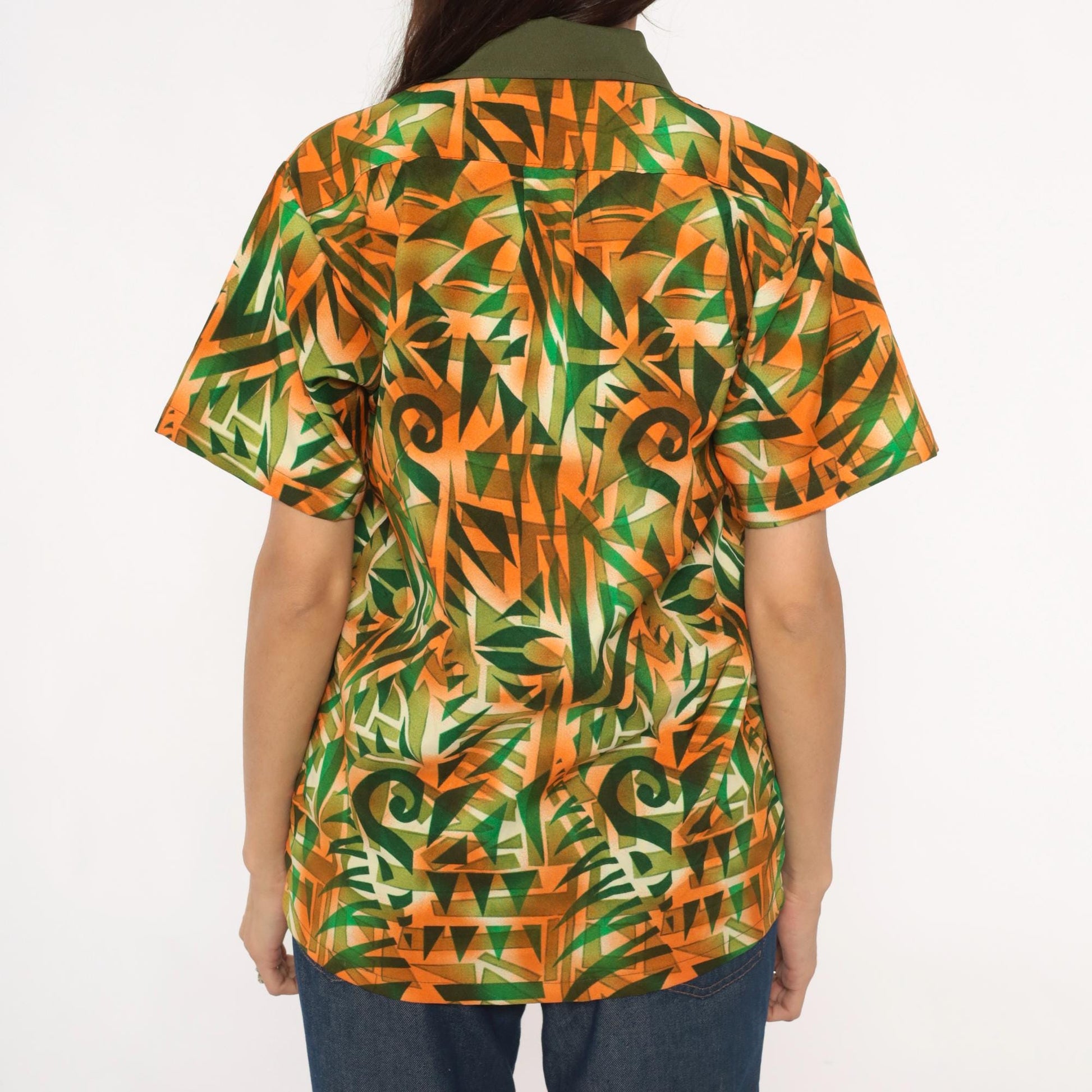 70s Psychedelic Geometric Print Shirt Orange Green Pointed Collar Medium M