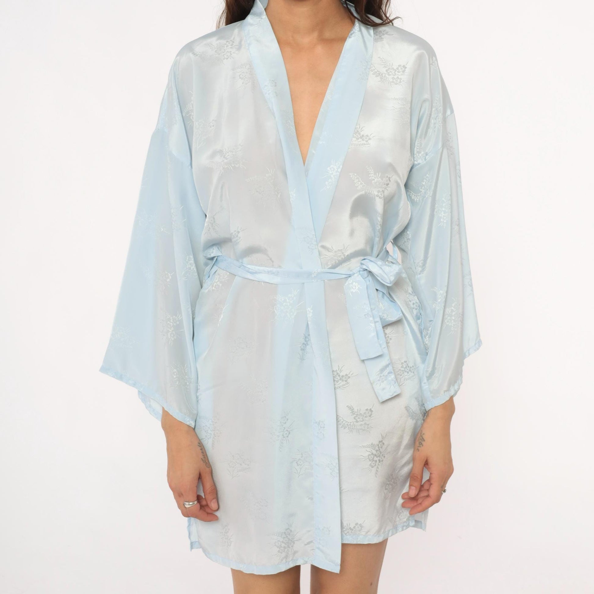 80s Pale Blue Kimono Robe Floral Print Wrap Shawl Collar Medium