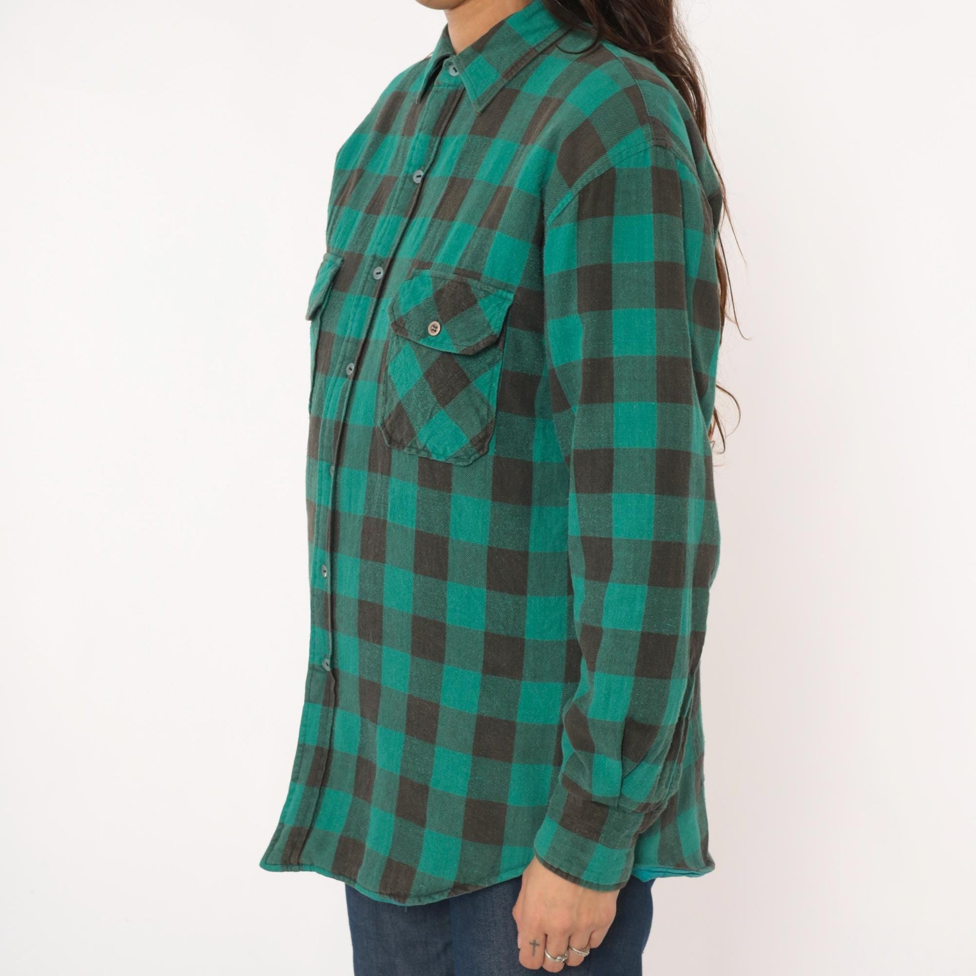 90s Sports Afield Buffalo Plaid Flannel Shirt Green Black Quilted Medium M