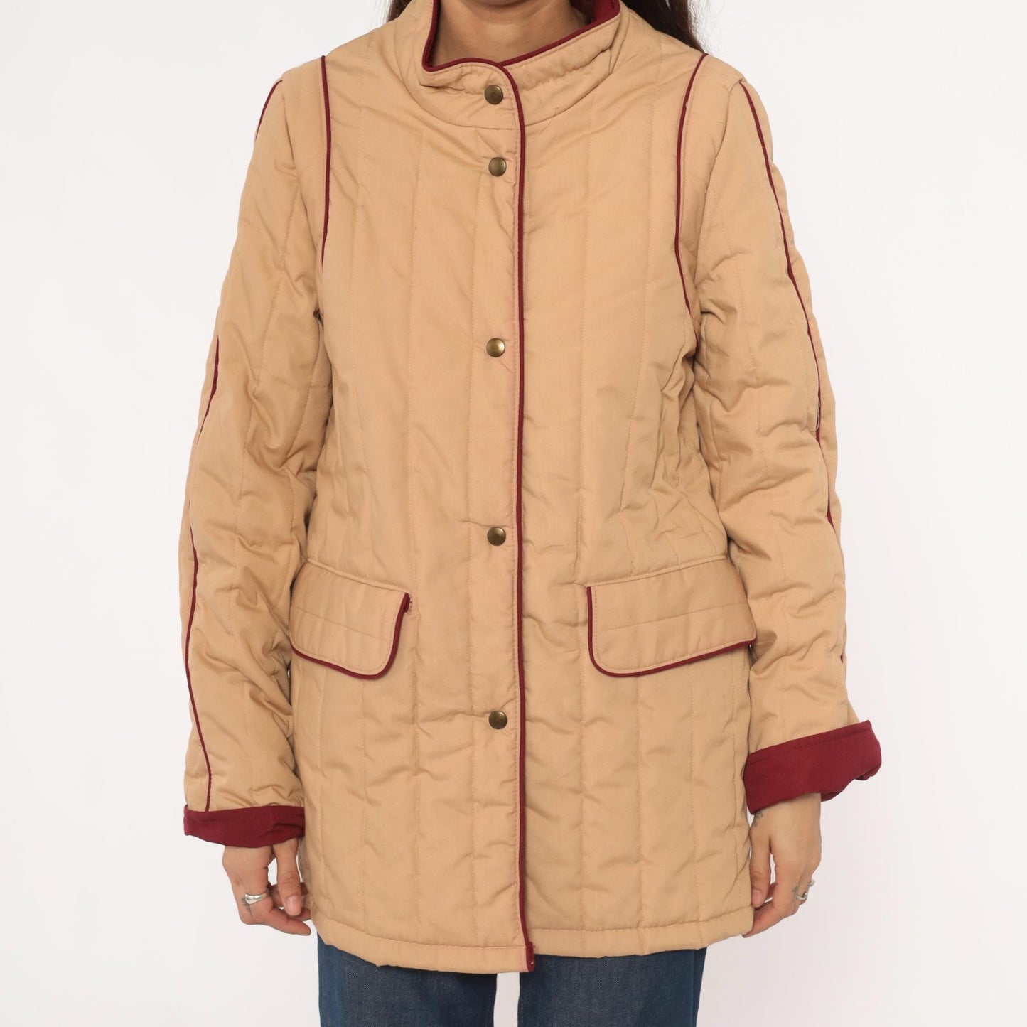 80s Saril Quilted Barn Jacket Tan Burgundy Trim Snap Front Small