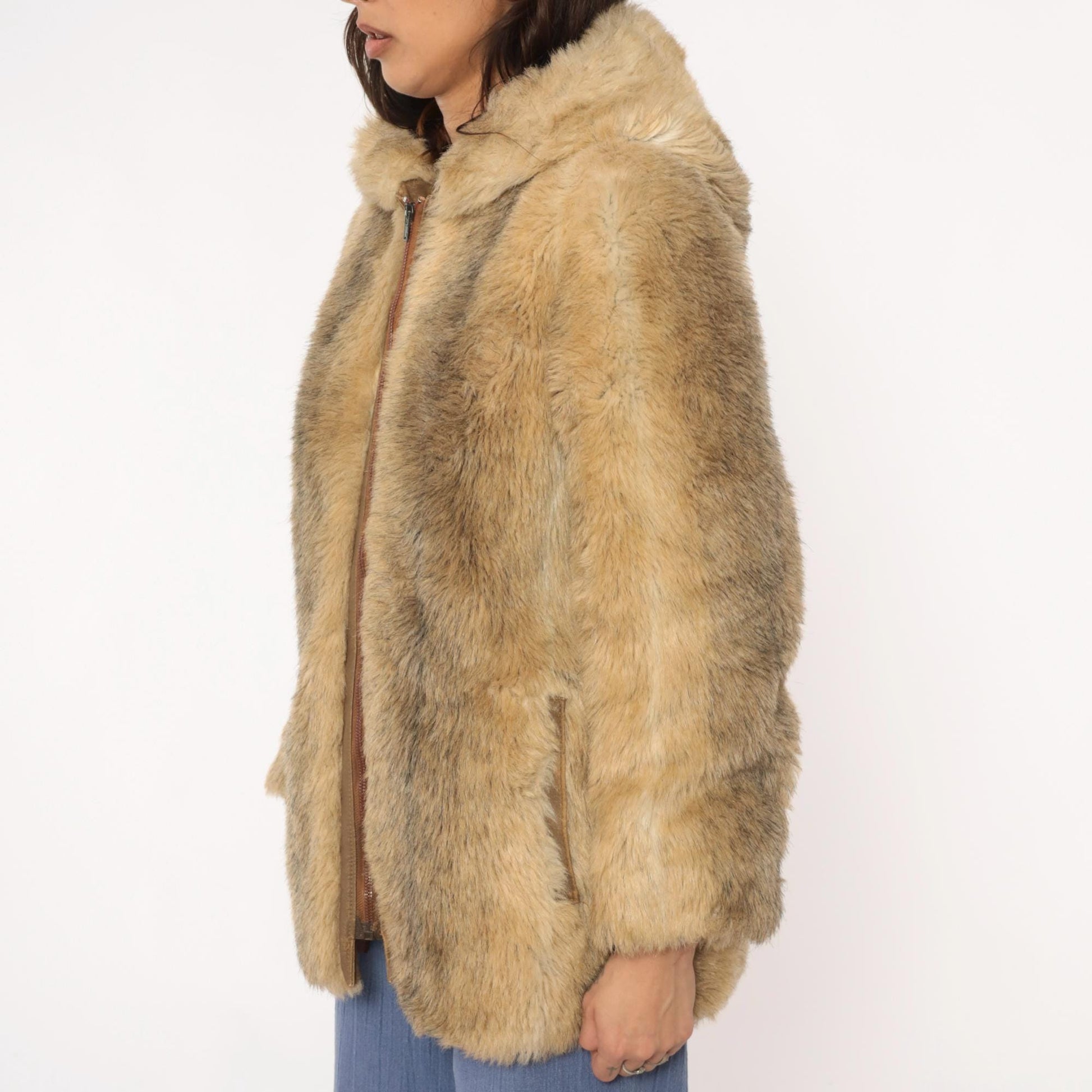 70s Beekman Place Faux Fur Hooded Coat Beige Brown Vinyl Trim Medium