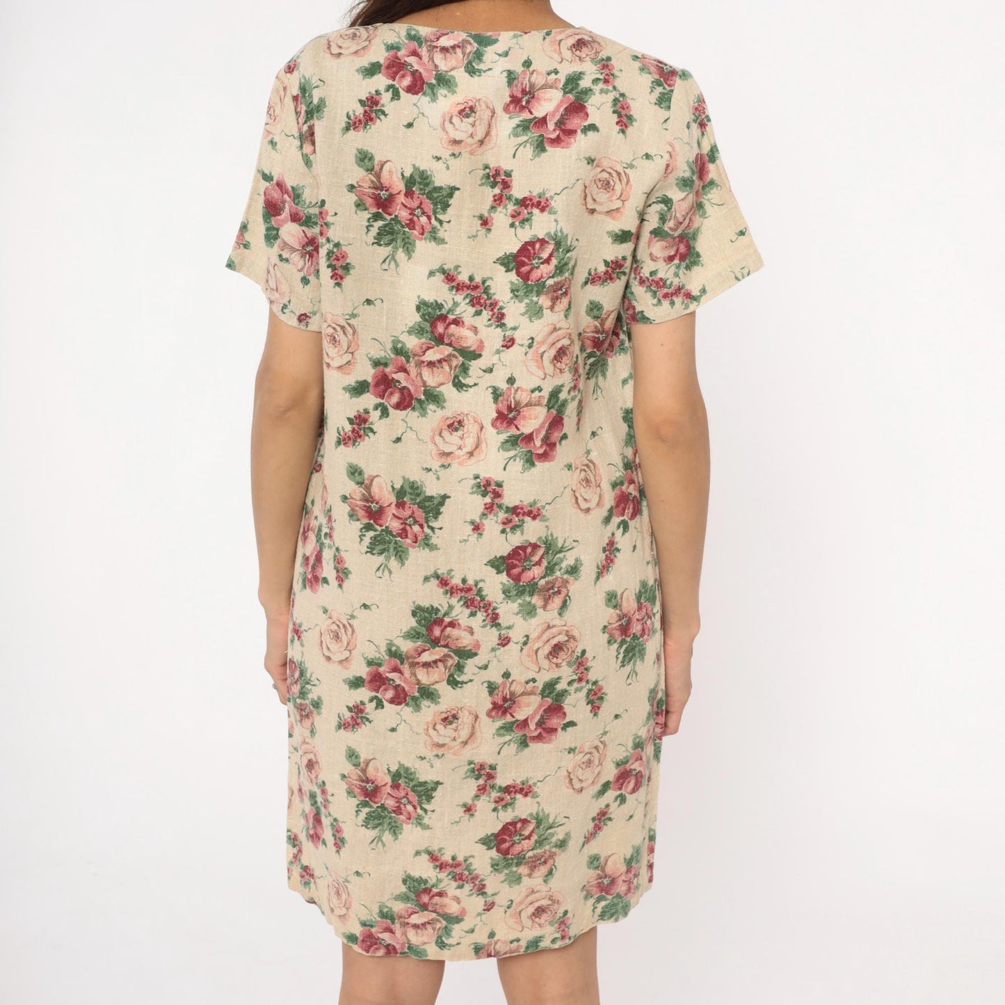 80s Floral Hawaiian Dress Linen Blend Cream Pink Tapestry Print Shift Medium