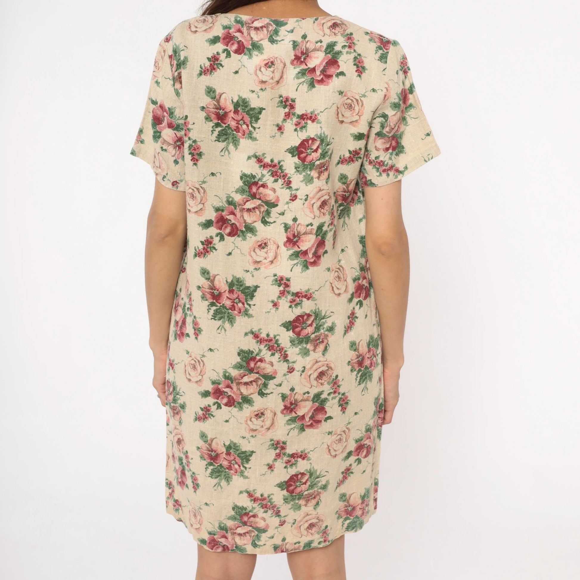 80s Floral Hawaiian Dress Linen Blend Cream Pink Tapestry Print Shift Medium