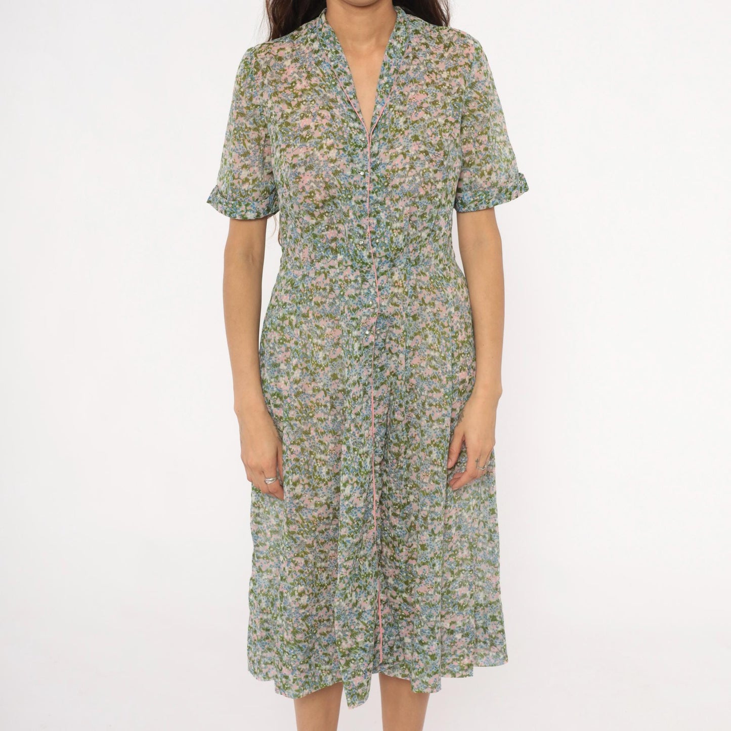 60s Laiglon Floral Midi Dress Button Front Shirtdress Cotton Medium