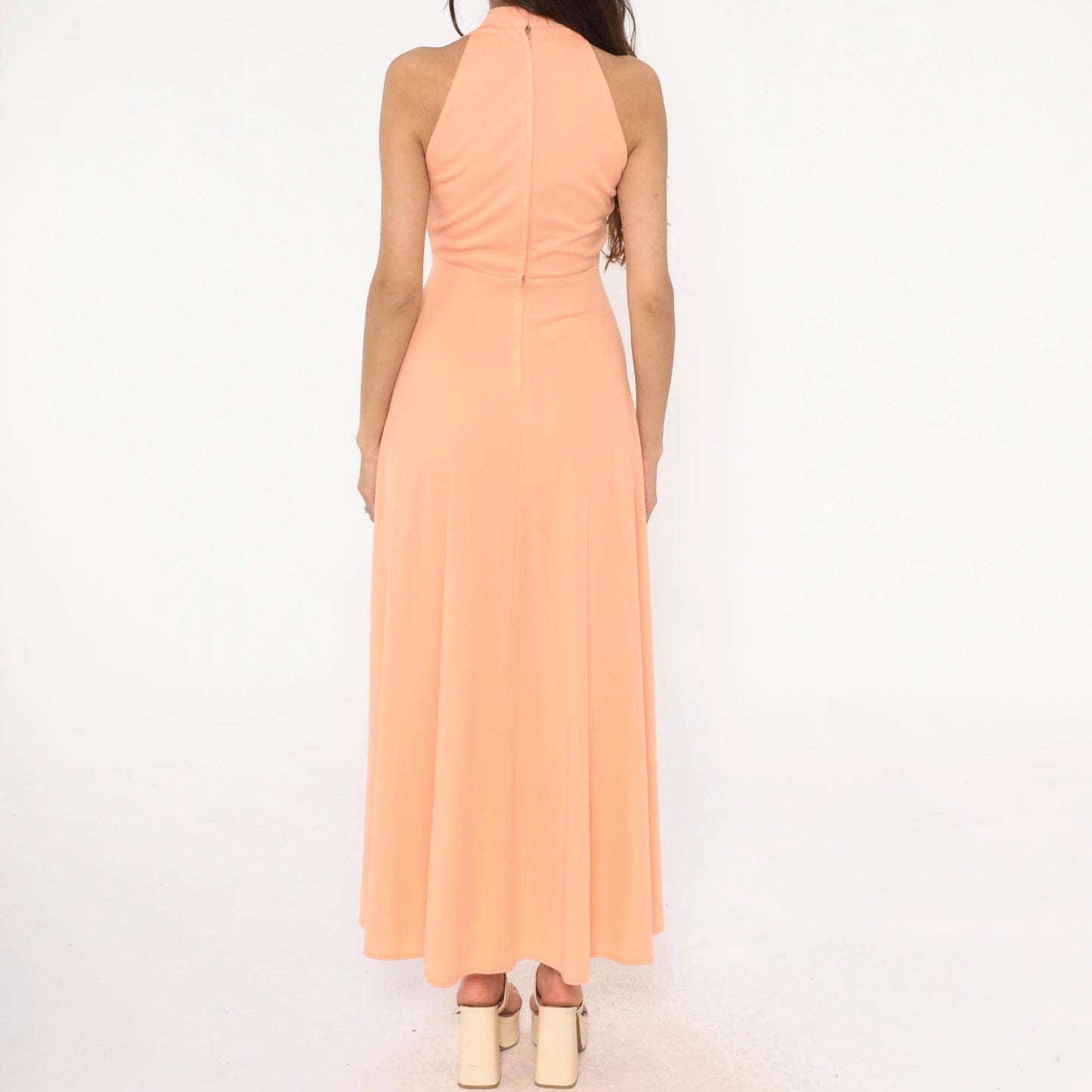 70s Peach Halter Maxi Dress Keyhole Cutout Empire Waist Small