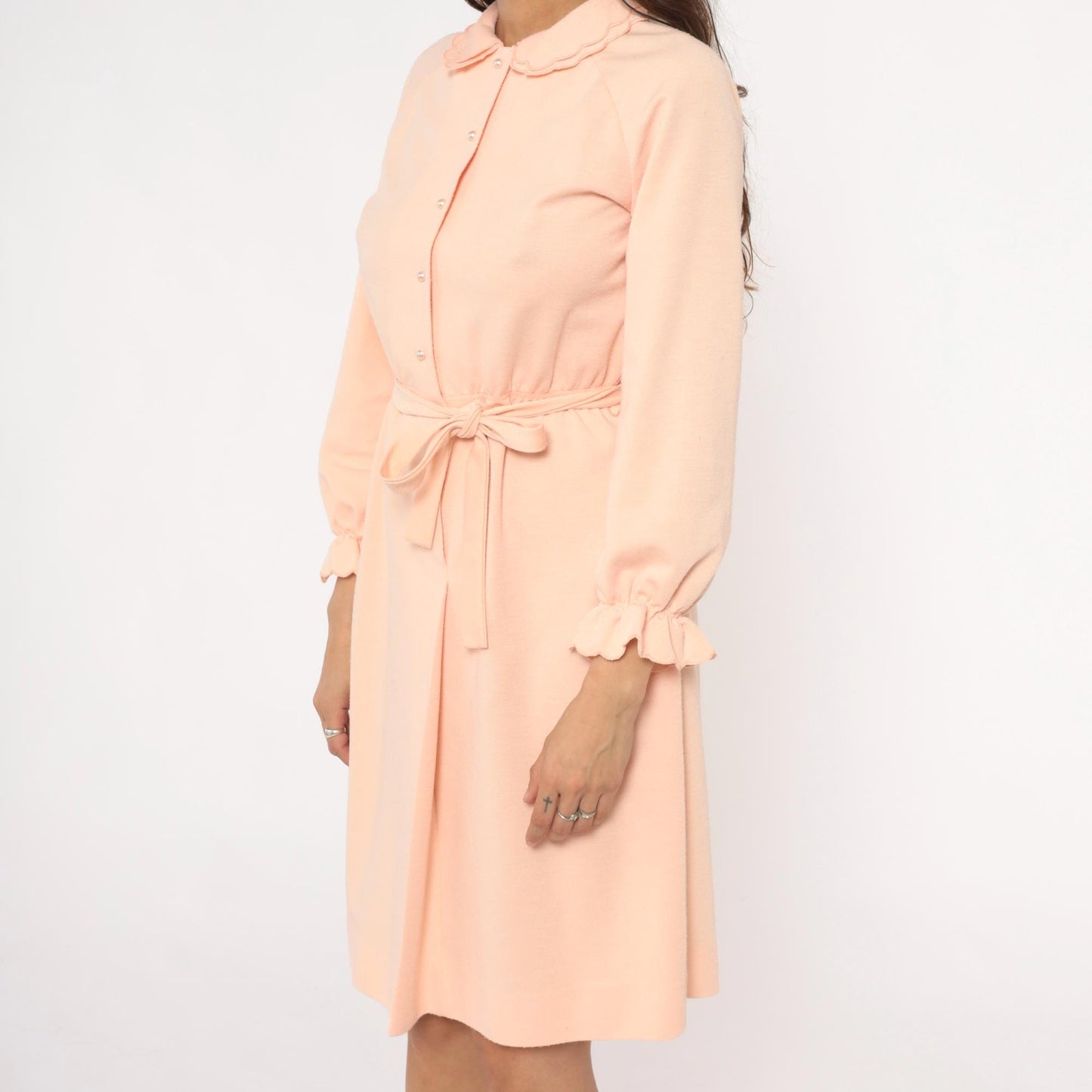 80s Leslie Fay Peach Dress Peter Pan Collar Button Front Belted Small