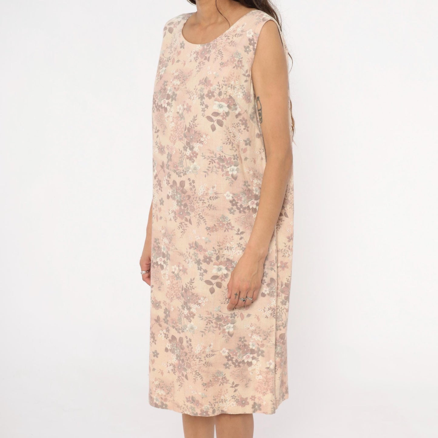60s Floral Shift Dress Sleeveless Cream Pink Mauve Cotton Medium M