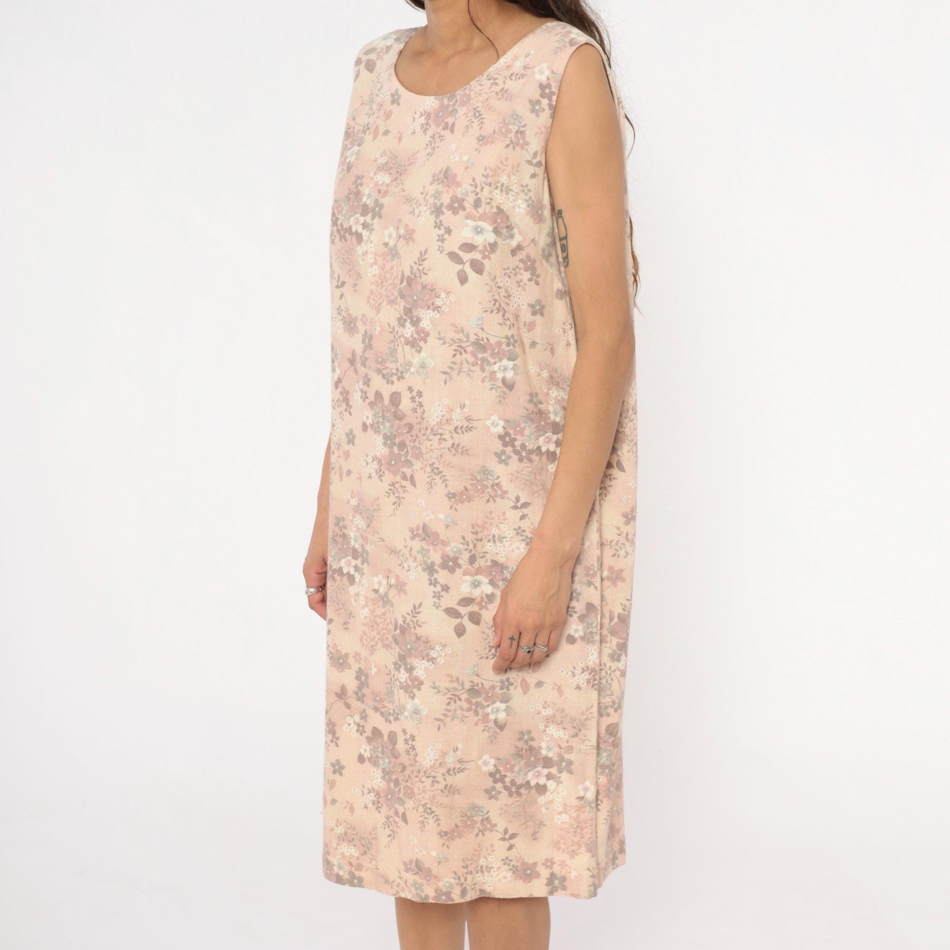 60s Floral Shift Dress Sleeveless Cream Pink Mauve Cotton Medium M