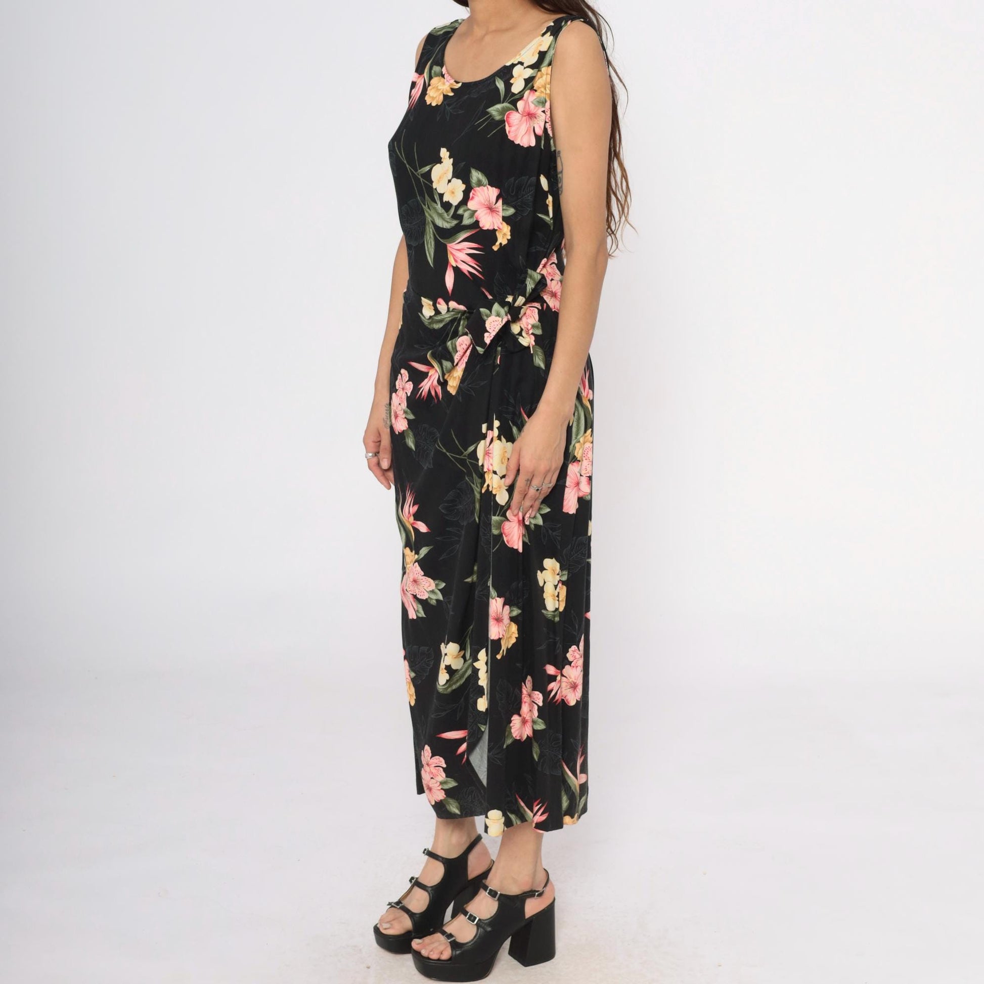 90s Caribbean Joe Black Floral Maxi Dress Tropical Print Sleeveless Large L
