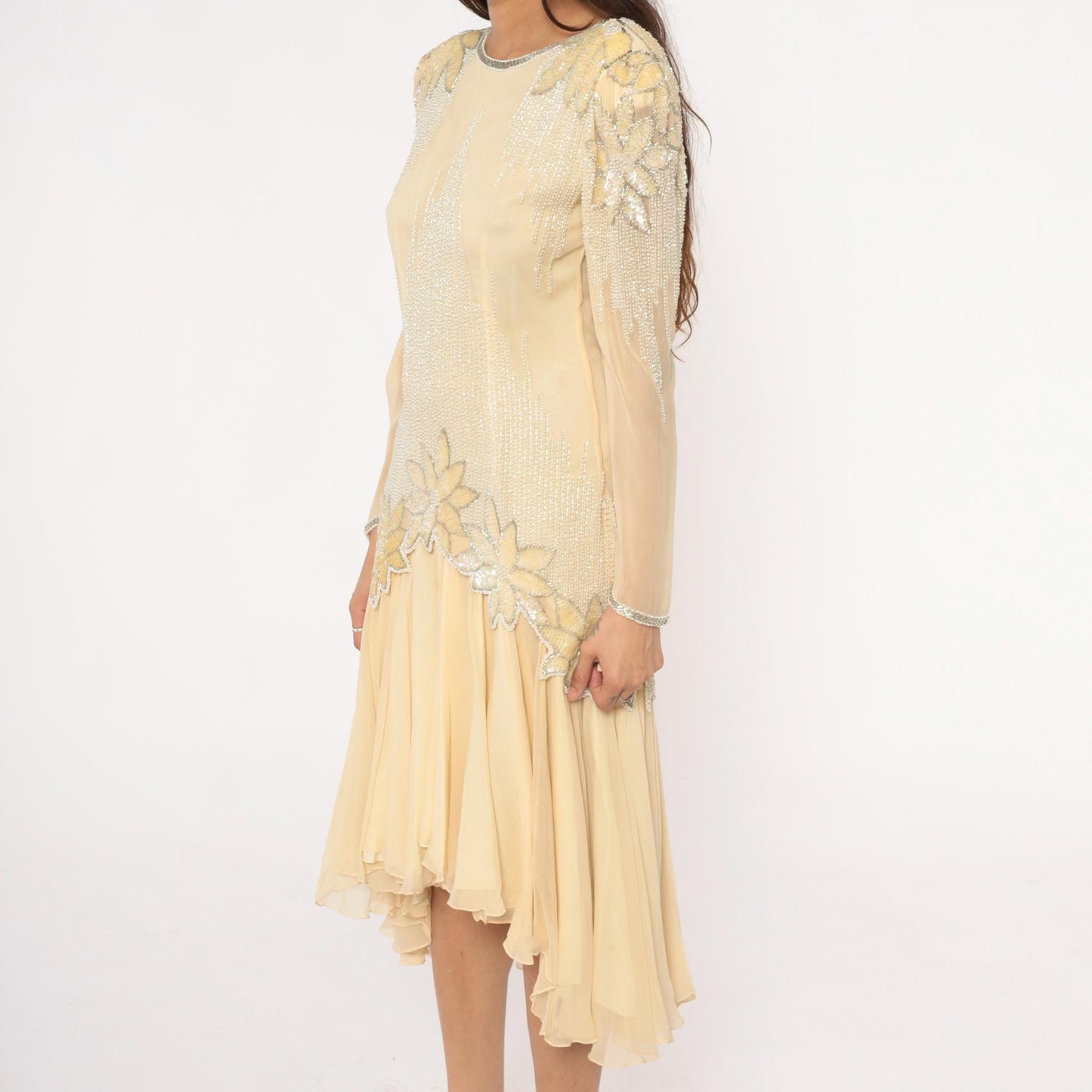 80s Sho Max Originals Silk Dress Beaded Drop Waist Cream Medium M
