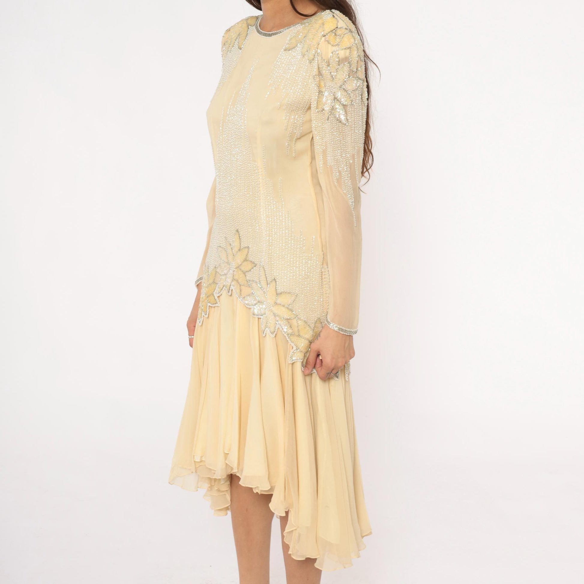 80s Sho Max Originals Silk Dress Beaded Drop Waist Cream Medium M