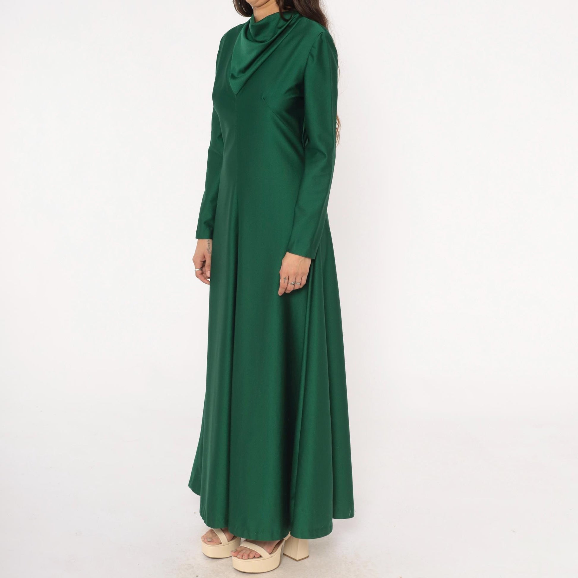 70s Green Maxi Dress Cowl Neck Long Sleeve Forest Draped Medium