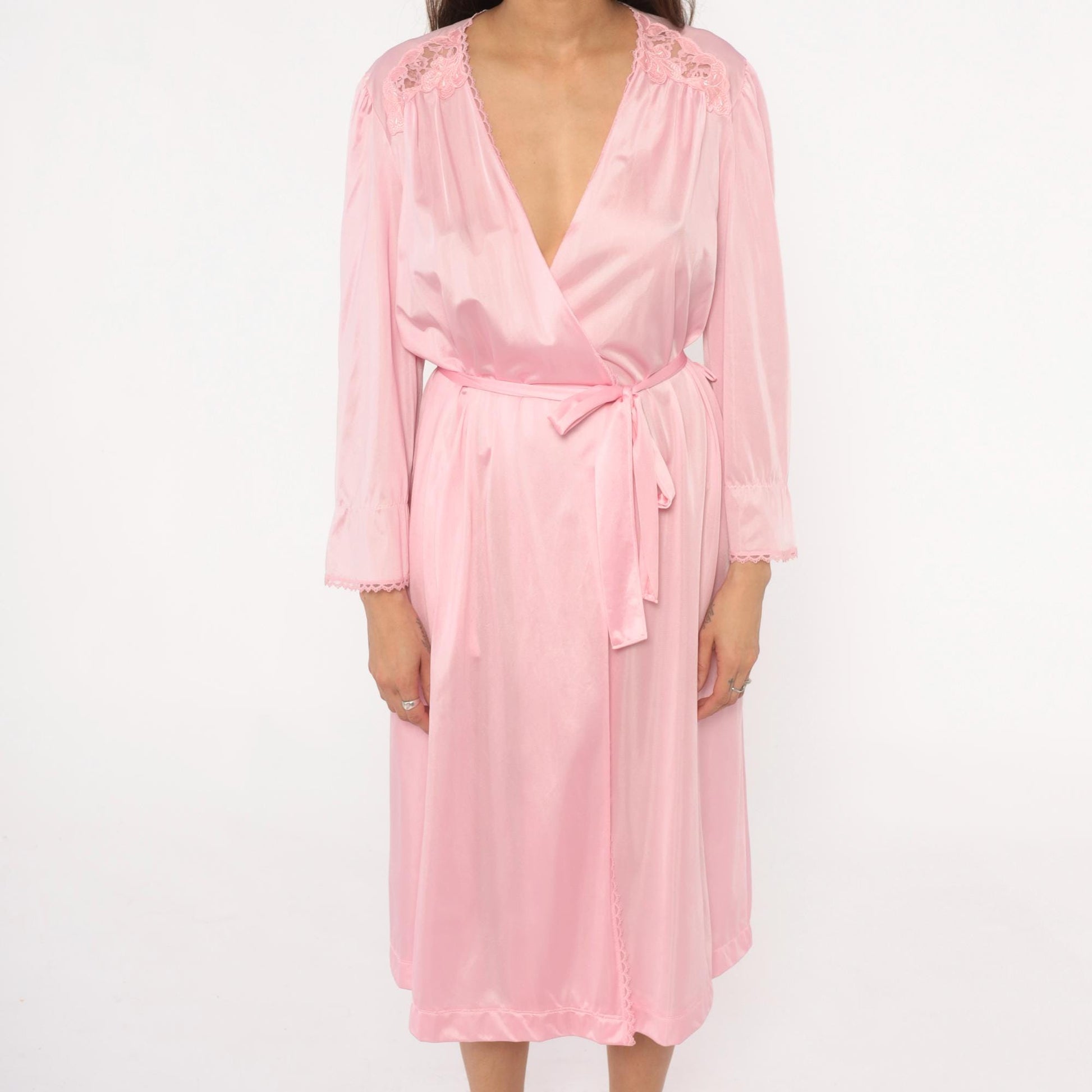 70s Lorraine Pink Lace Wrap Robe V-Neck Tie Front Lingerie Medium M
