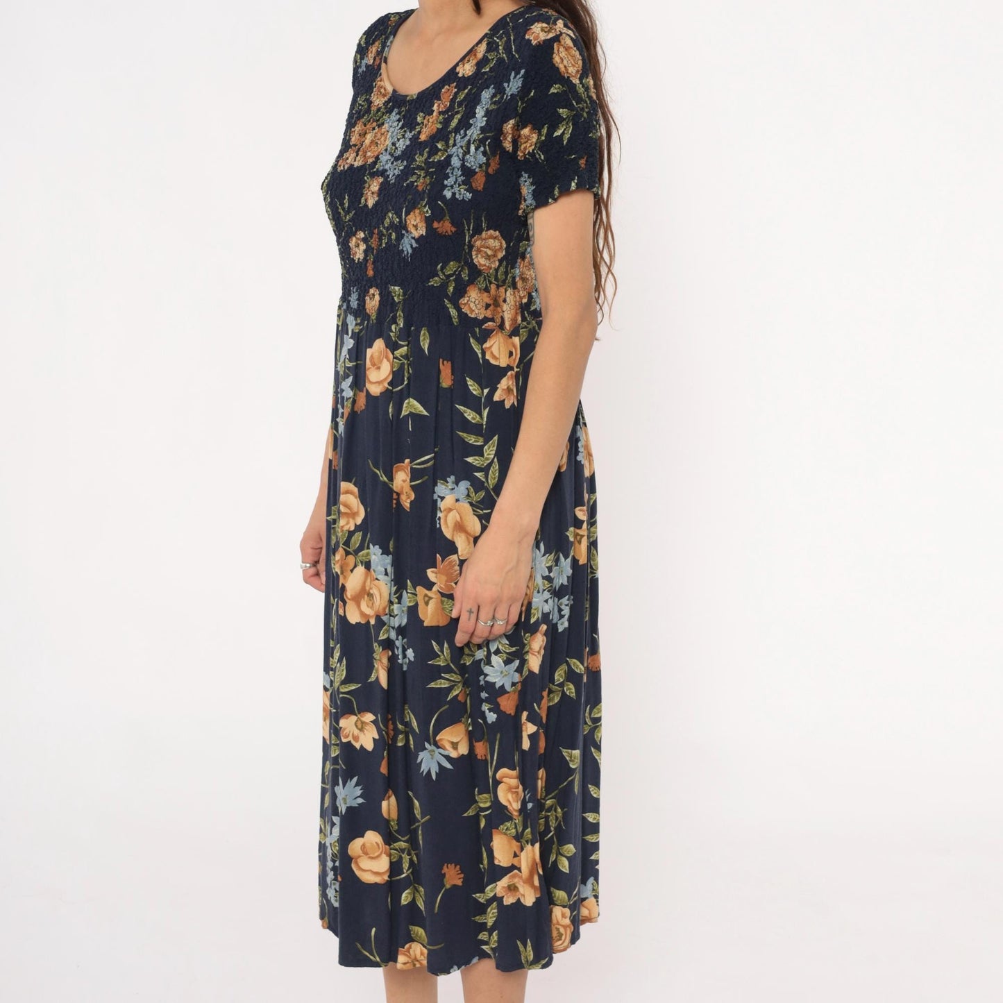 90s Impressions Navy Floral Midi Dress Smocked Empire Waist Short Sleeve Large L