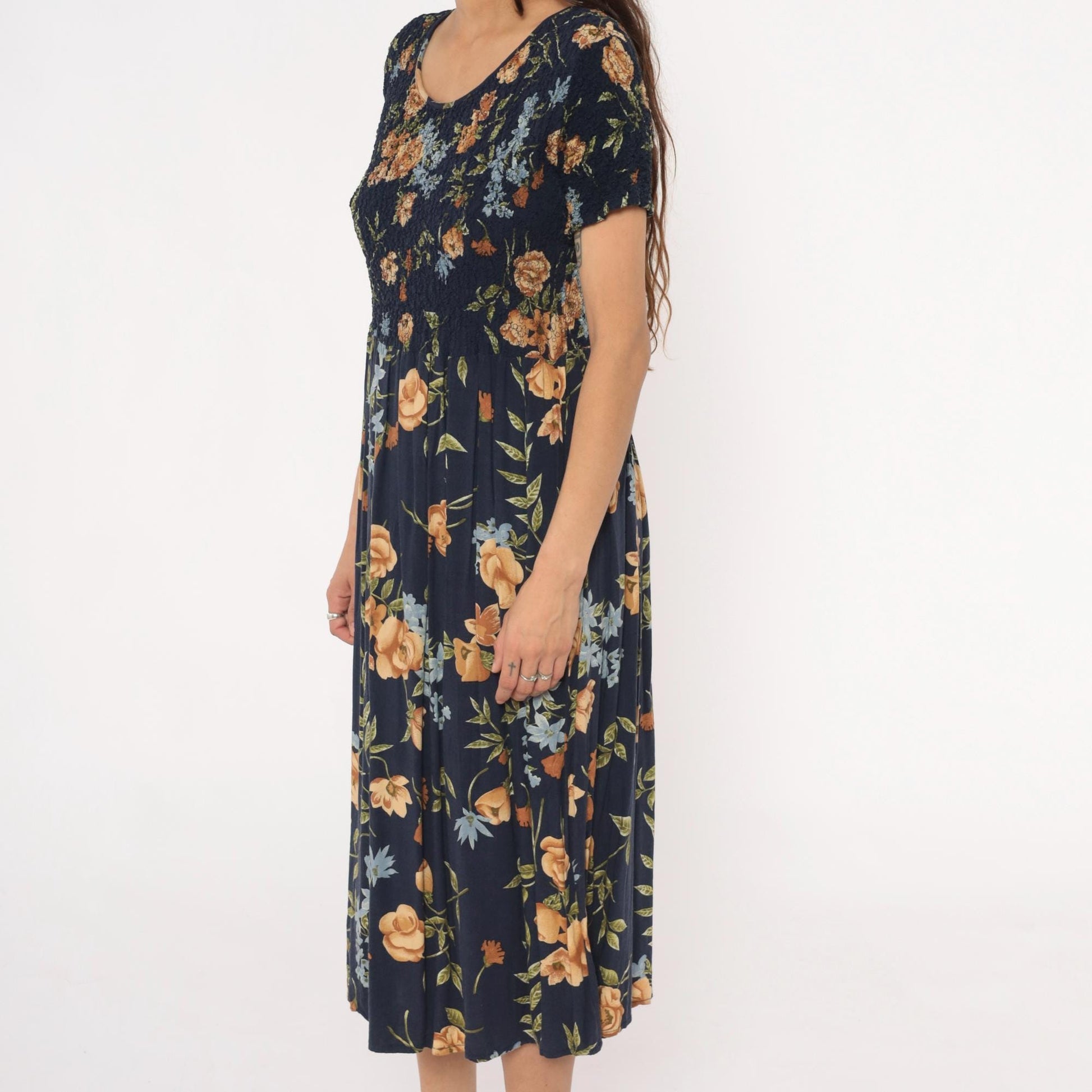 90s Impressions Navy Floral Midi Dress Smocked Empire Waist Short Sleeve Large L