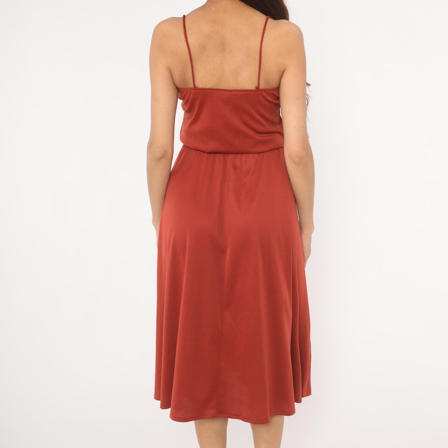 70s Niki Rust Midi Sundress V Neck Blouson Waist Flared Skirt Extra Small XS