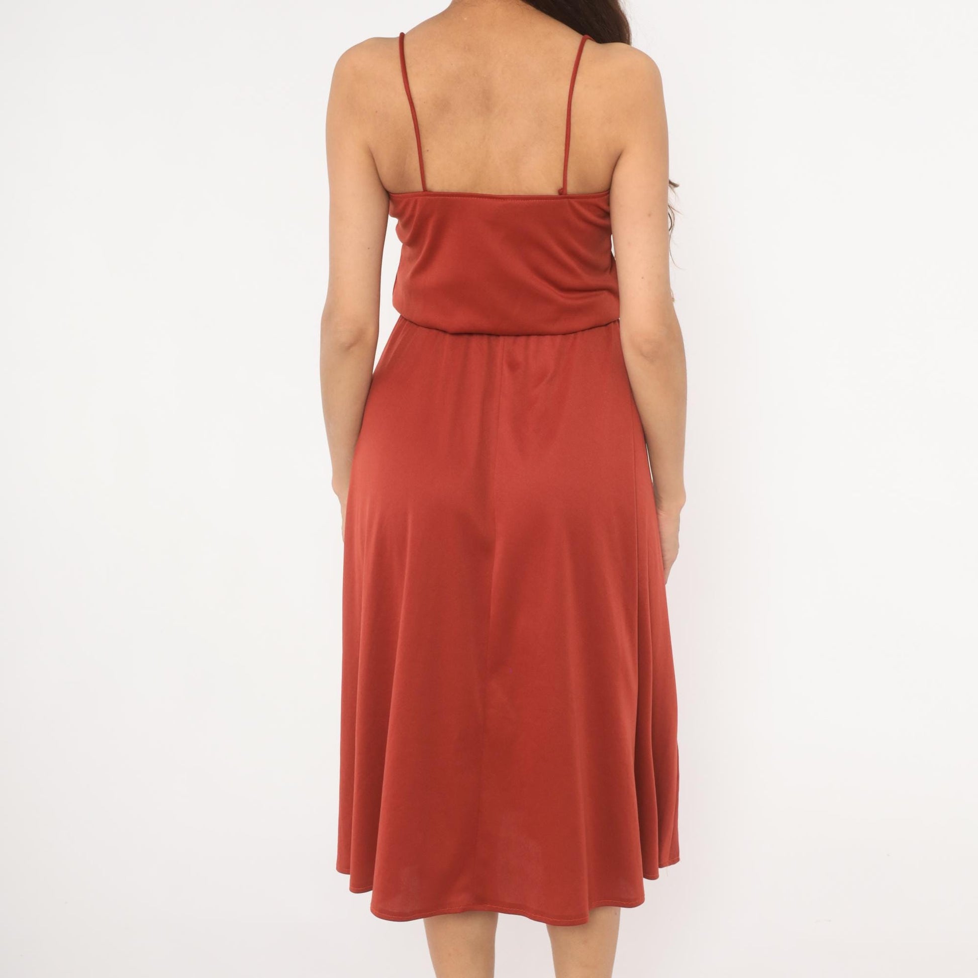70s Niki Rust Midi Sundress V Neck Blouson Waist Flared Skirt Extra Small XS