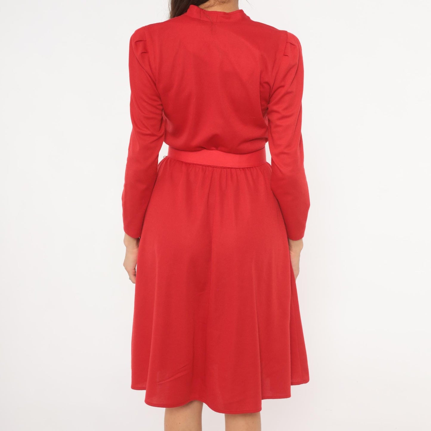 80s Tabby of California Red Day Dress Puff Sleeve V-Neck Gold Buttons Small S