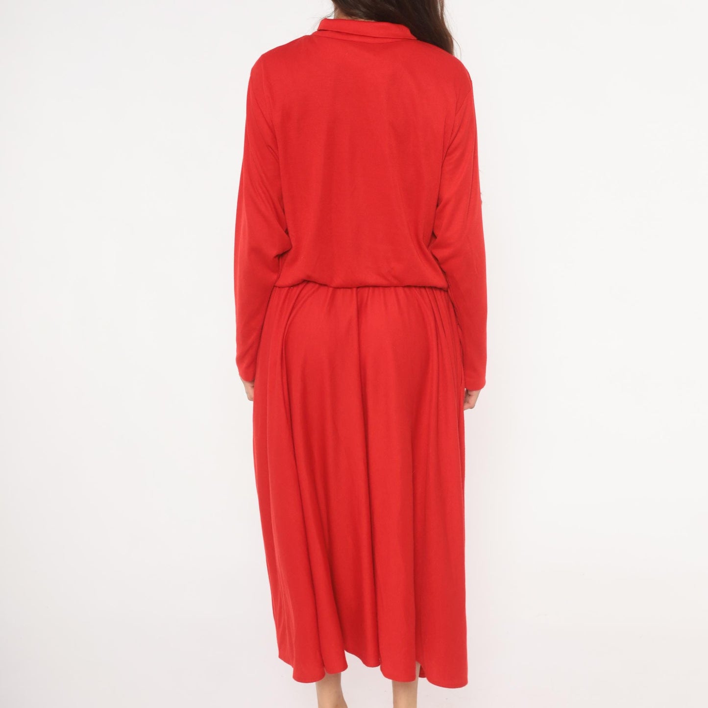 90s Positive Attitude Red Polo Dress Maxi Gathered Waist Long Sleeve Large L