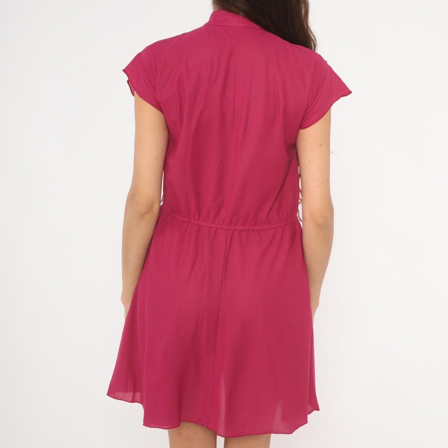 80s Good News from California Fuchsia Mini Dress Mandarin Collar Geometric Embroidery Small S