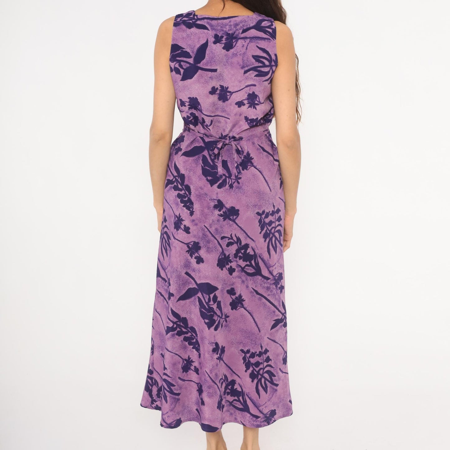90s Jaclyn Smith Purple Floral Maxi Dress Square Neck Sleeveless Small S